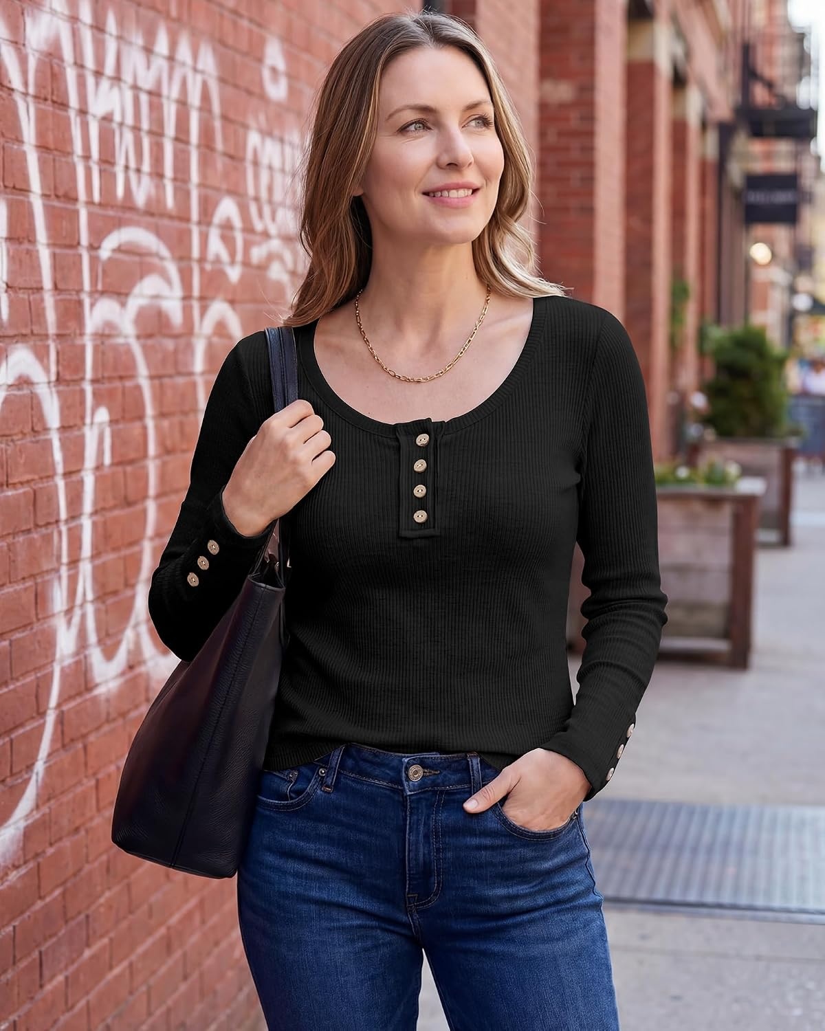 Stelle Women’s Ribbed Knit Henley Long Sleeve Button Top Loose Fit(Black)