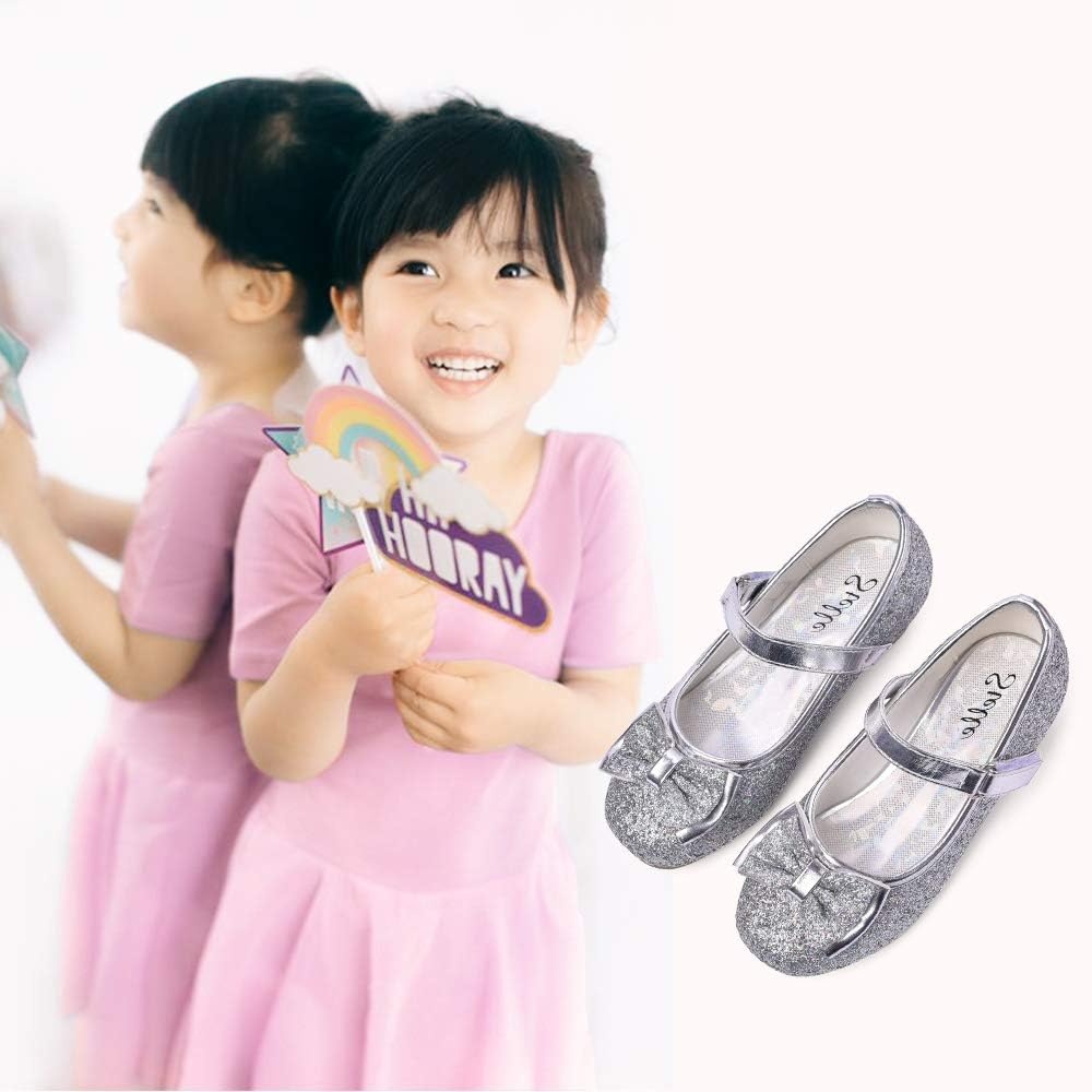 Stelle Girls Dress Shoes Glitter Princess Shoe Flower Mary Jane Low Heels Party Wedding Prom Footwear for Toddler Kids(Silver)
