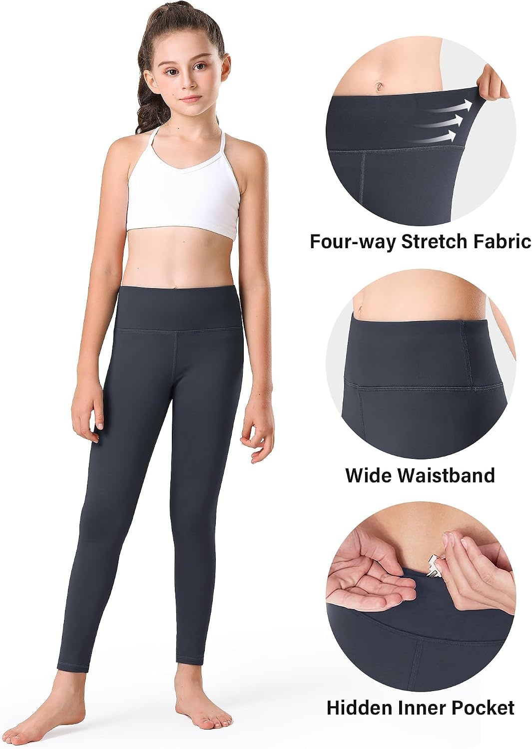 Stelle Girls Fleece Lined Leggings with Hidden Pocket High Waisted Pants(A3-charcoal)