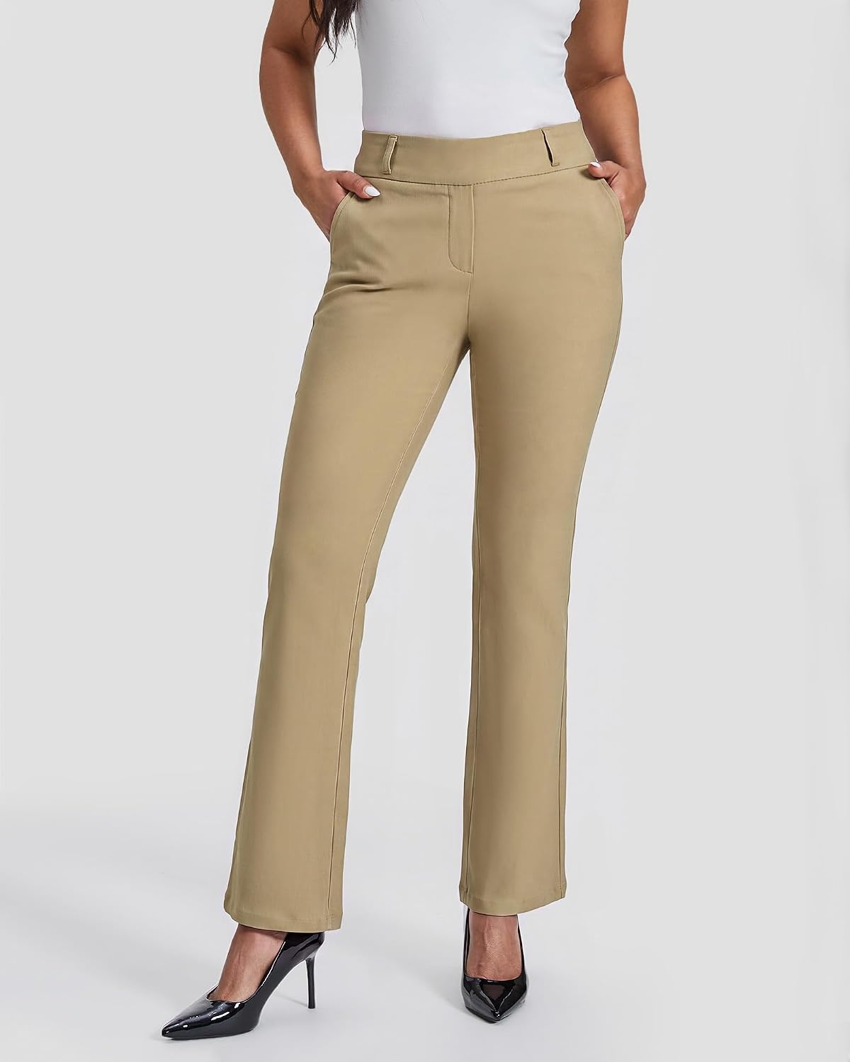 Stelle Women’s Bootcut Dress Pants Stretchy Pull On Work Business Slacks | High-Rise Fit with a 32-Inch Inseam Creates a Streamlined Silhouette for Office, Work, and Business Casual Wear.(Dune)