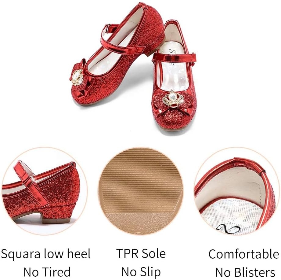 Stelle Girls Dress Shoes Glitter Princess Shoe Flower Mary Jane Low Heels Party Wedding Prom Footwear for Toddler Kids(T13-ruby Red Glitter)
