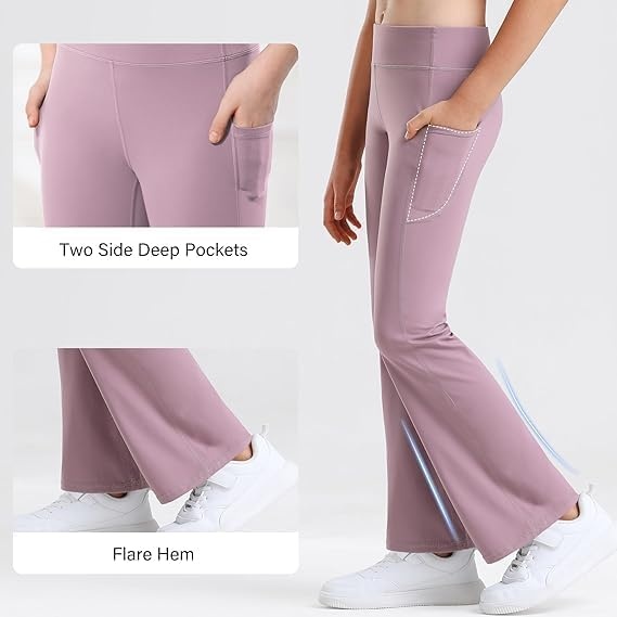 Stelle Girls Flare Leggings with Pockets High Waisted Bootcut Yoga Pants(13-c3-black/Dusty Lavender/Navy)