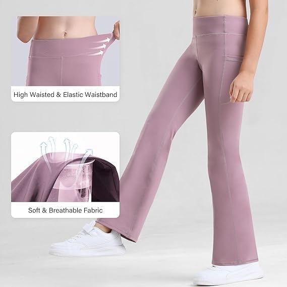 Stelle Girls Flare Leggings with Pockets High Waisted Bootcut Yoga Pants(13-c3-black/Dusty Lavender/Navy)