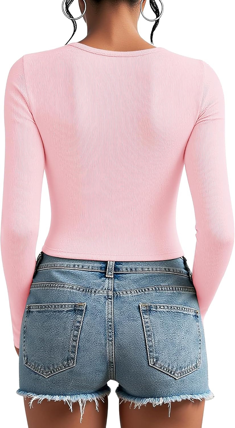 Stelle Cropped Henley Shirts for Women Long Sleeve V-Neck Shirt Ribbed Tops Knit Button Slim Fitted Blouse(Cherry Blossom)