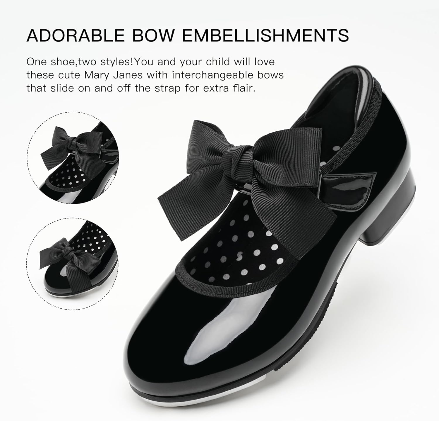Stelle Toddler Tap Shoes with Detachable Bow(Toddler/Little Kid/Big Kid) | Detachable ribbon bow accent,Hook-and-loop,Steel toe heel taps,Cushioned insole,Padded heel collar(Black)