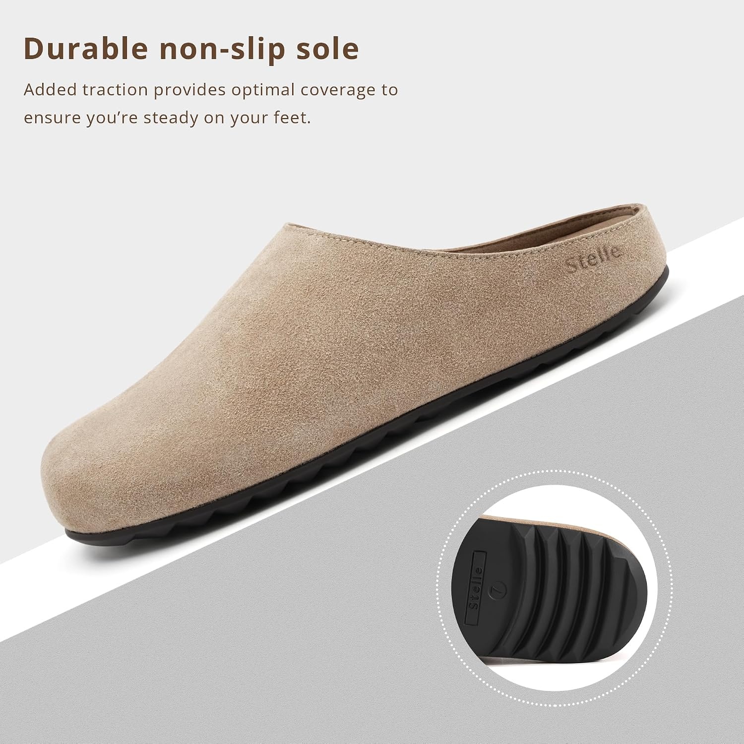 Stelle Clogs Women Mens Arch Support Suede Soft Cork Footbed Sandals Potato Shoes Slip on Home Slippers Non-Slip Comfort(Taupe-genuine Suede)