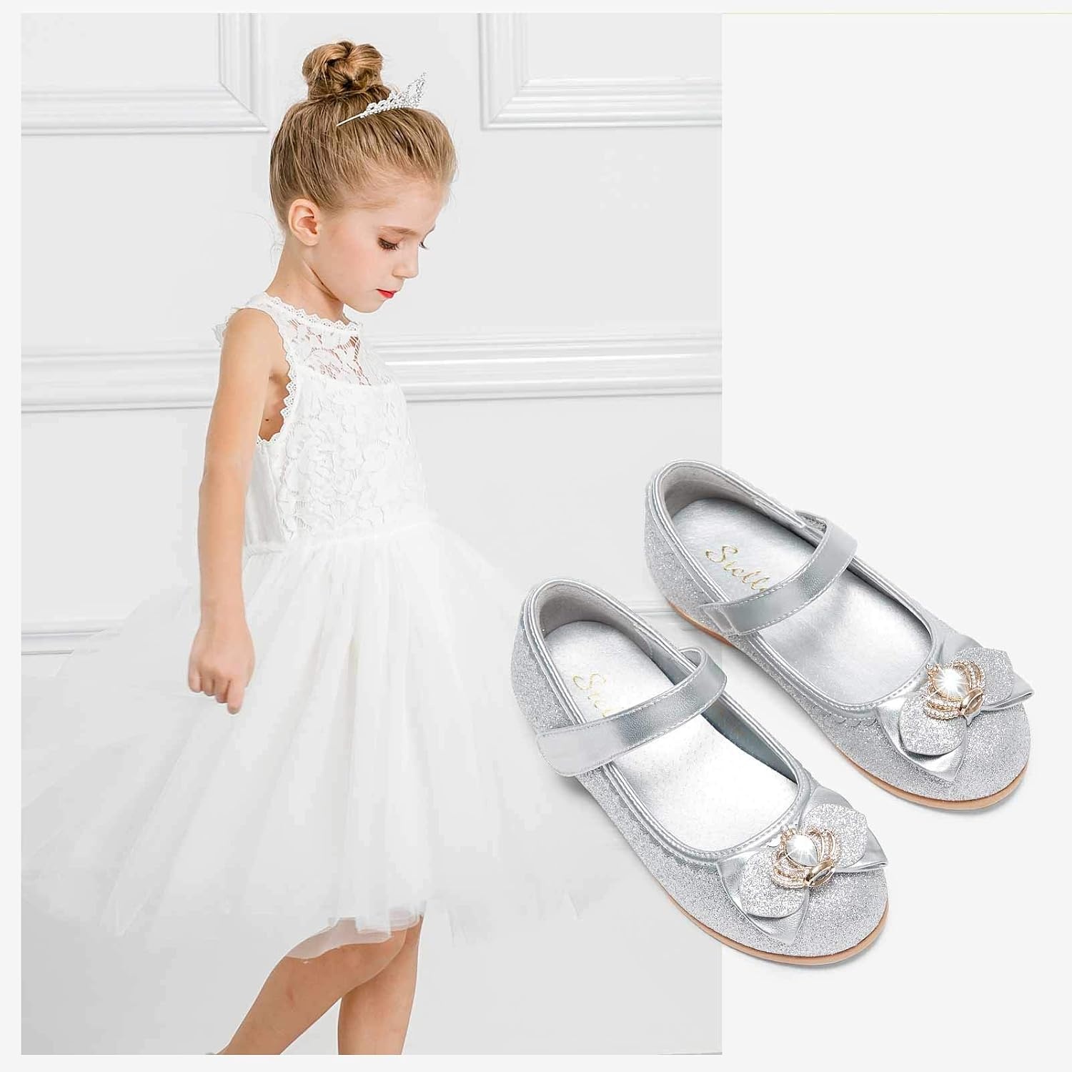 Stelle Girls Dress Shoes Glitter Princess Shoe Flower Mary Jane Low Heels Party Wedding Prom Footwear for Toddler Kids(T16-silver Glitter)