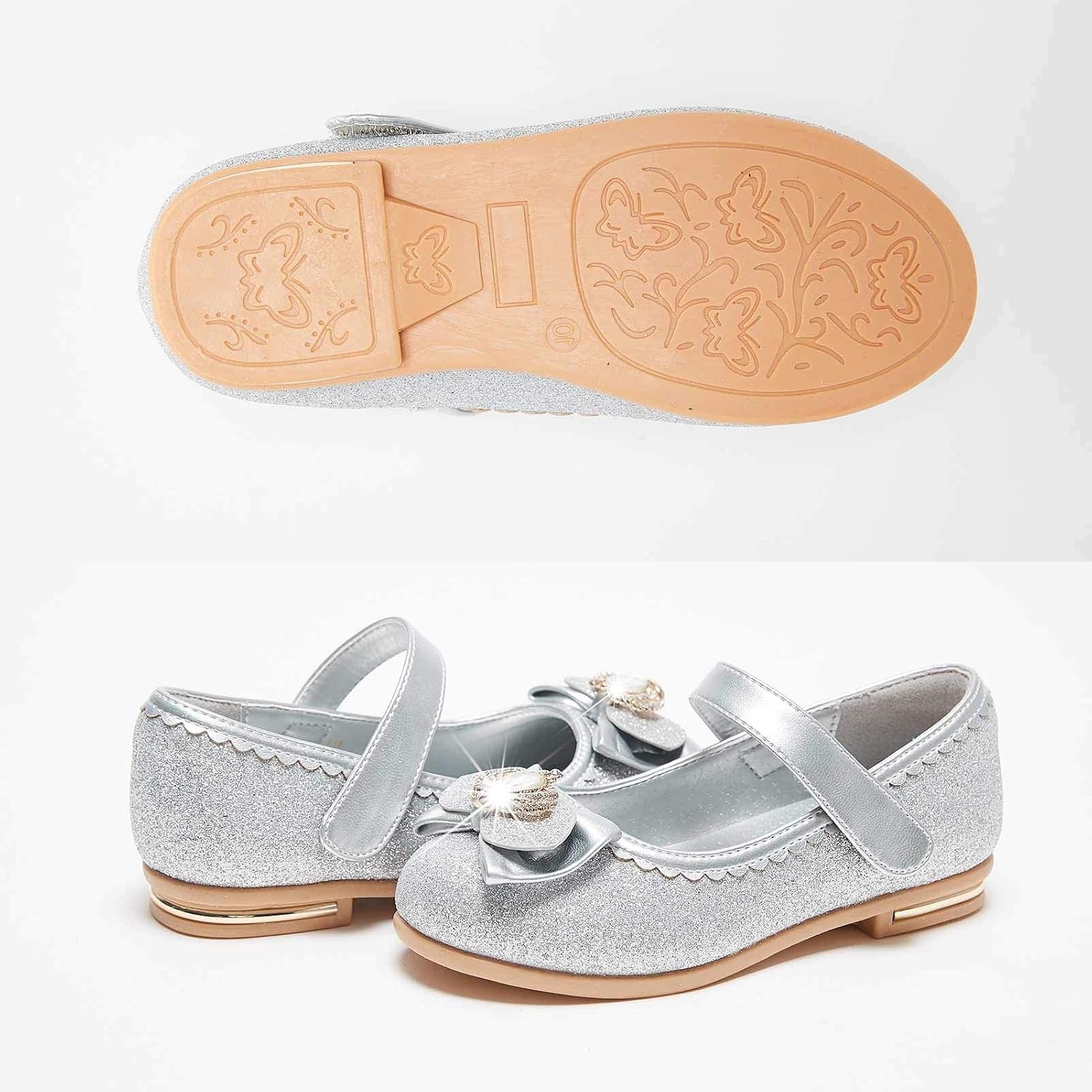 Stelle Girls Dress Shoes Glitter Princess Shoe Flower Mary Jane Low Heels Party Wedding Prom Footwear for Toddler Kids(T16-silver Glitter)