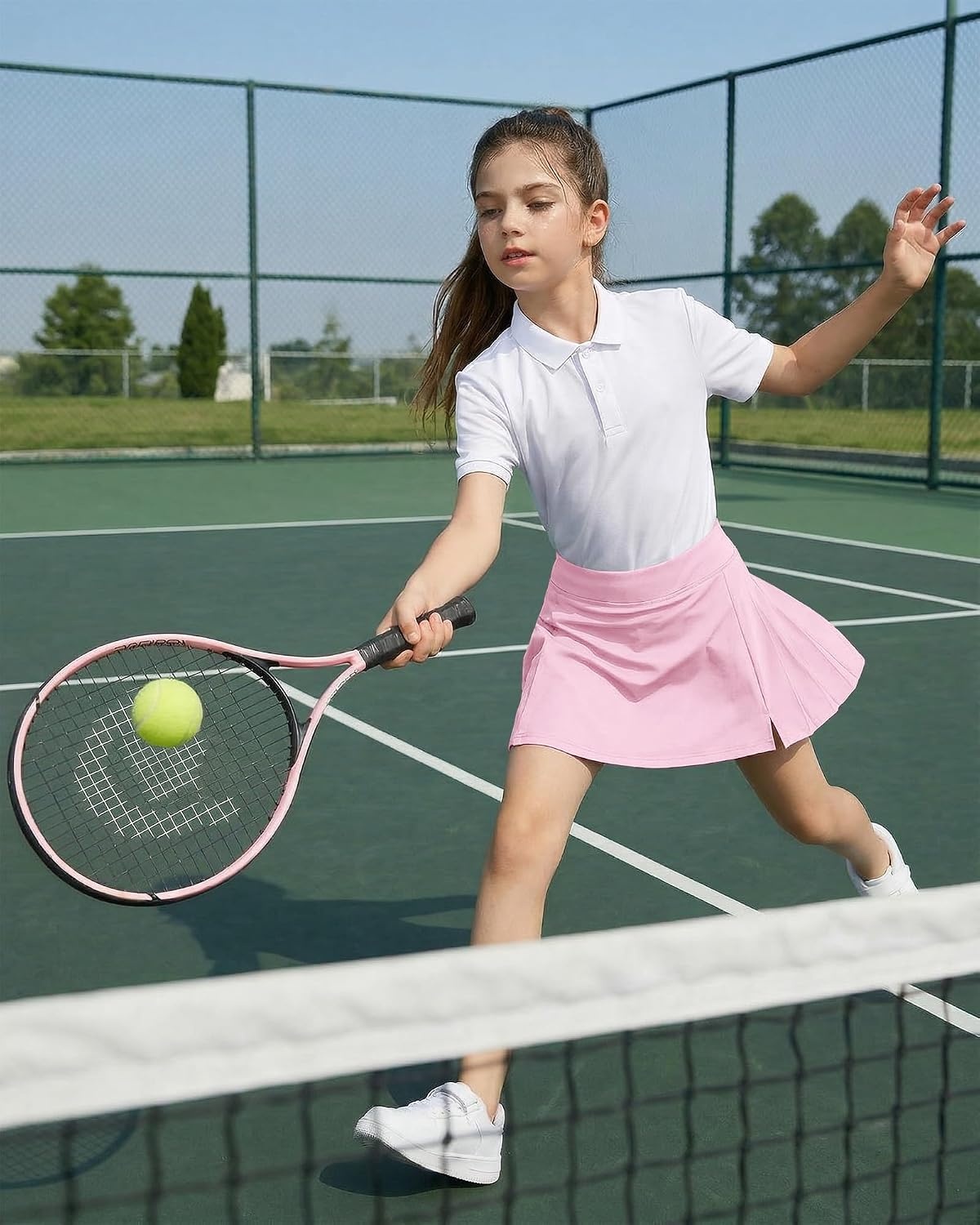Stelle Girls Tennis Skirts with Inner Shorts Pockets Golf Skirts Athletic Running Workout Pleated Skort 5-15Years(Pink)