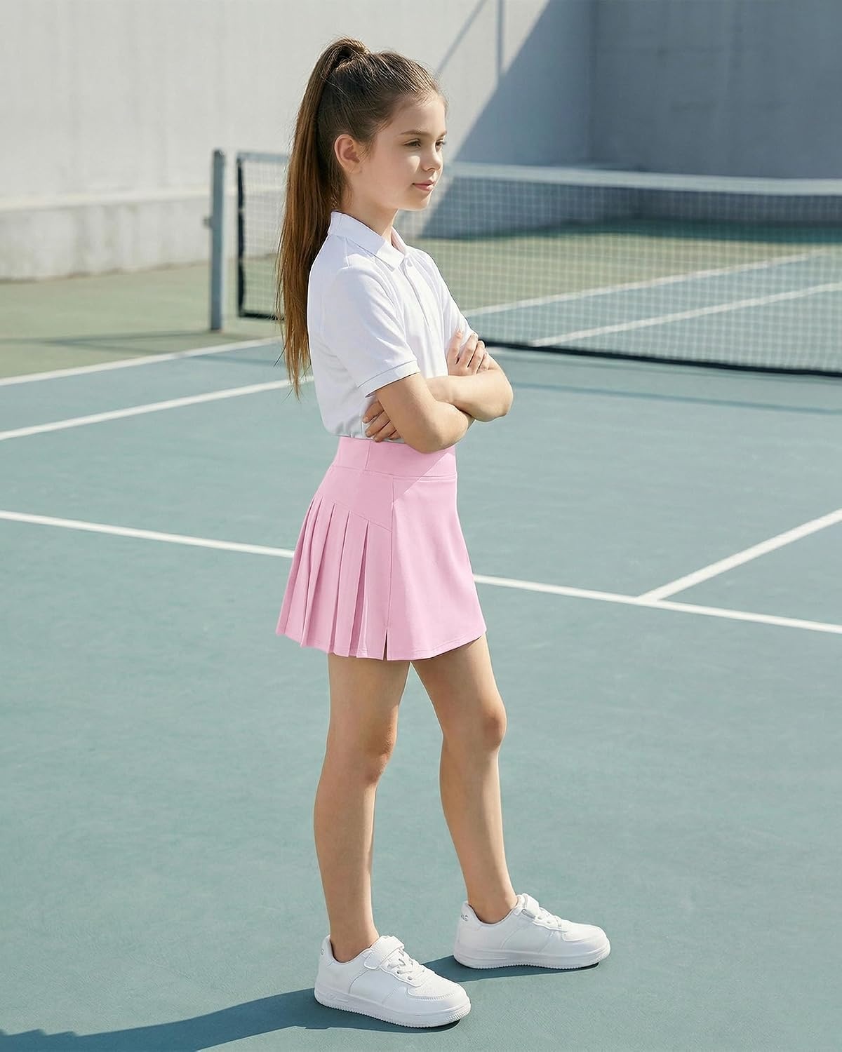 Stelle Girls Tennis Skirts with Inner Shorts Pockets Golf Skirts Athletic Running Workout Pleated Skort 5-15Years(Pink)