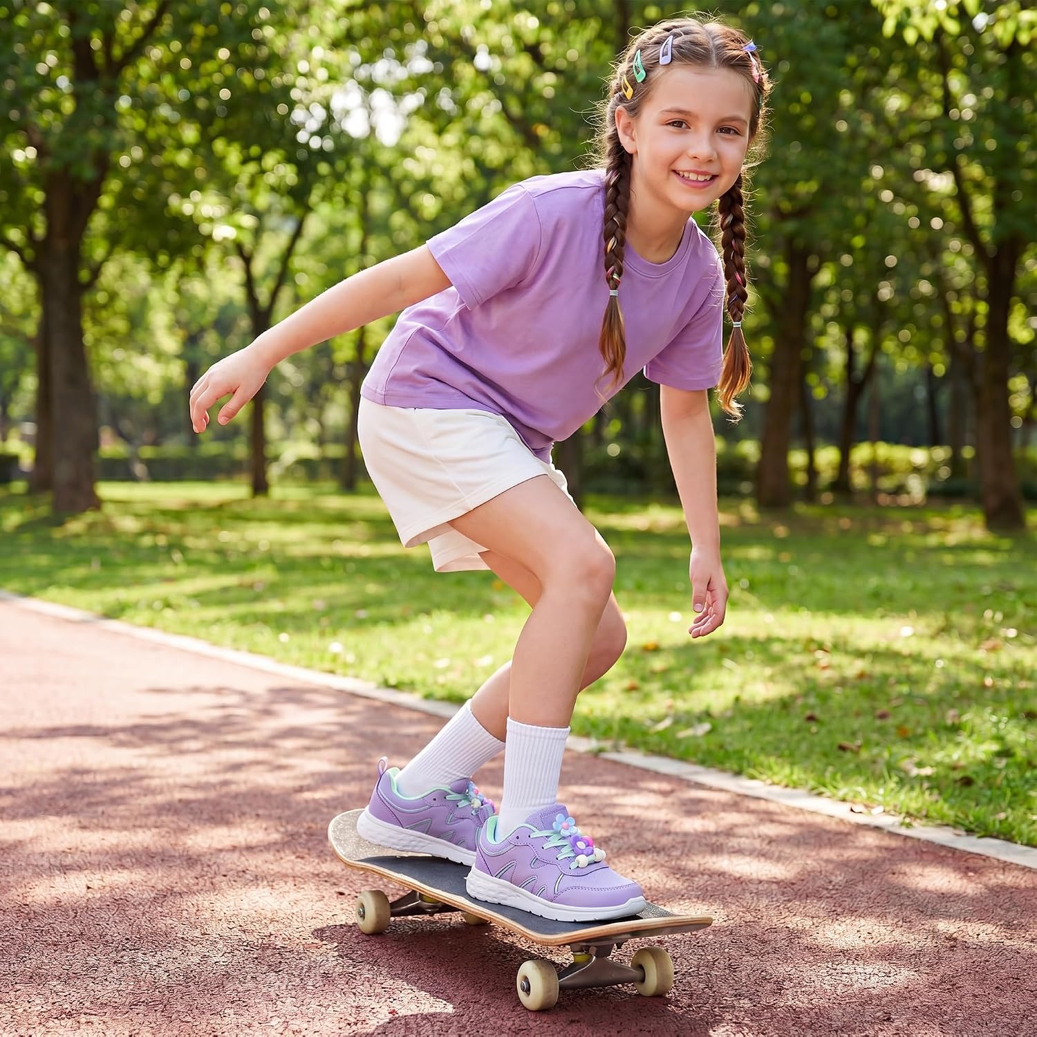 Stelle Girls Tennis Shoes with DIY Charms | Lightweight Non-Slip Athletic Running Volleyball School Shoes for Gym and Casual(Lavender+charms)