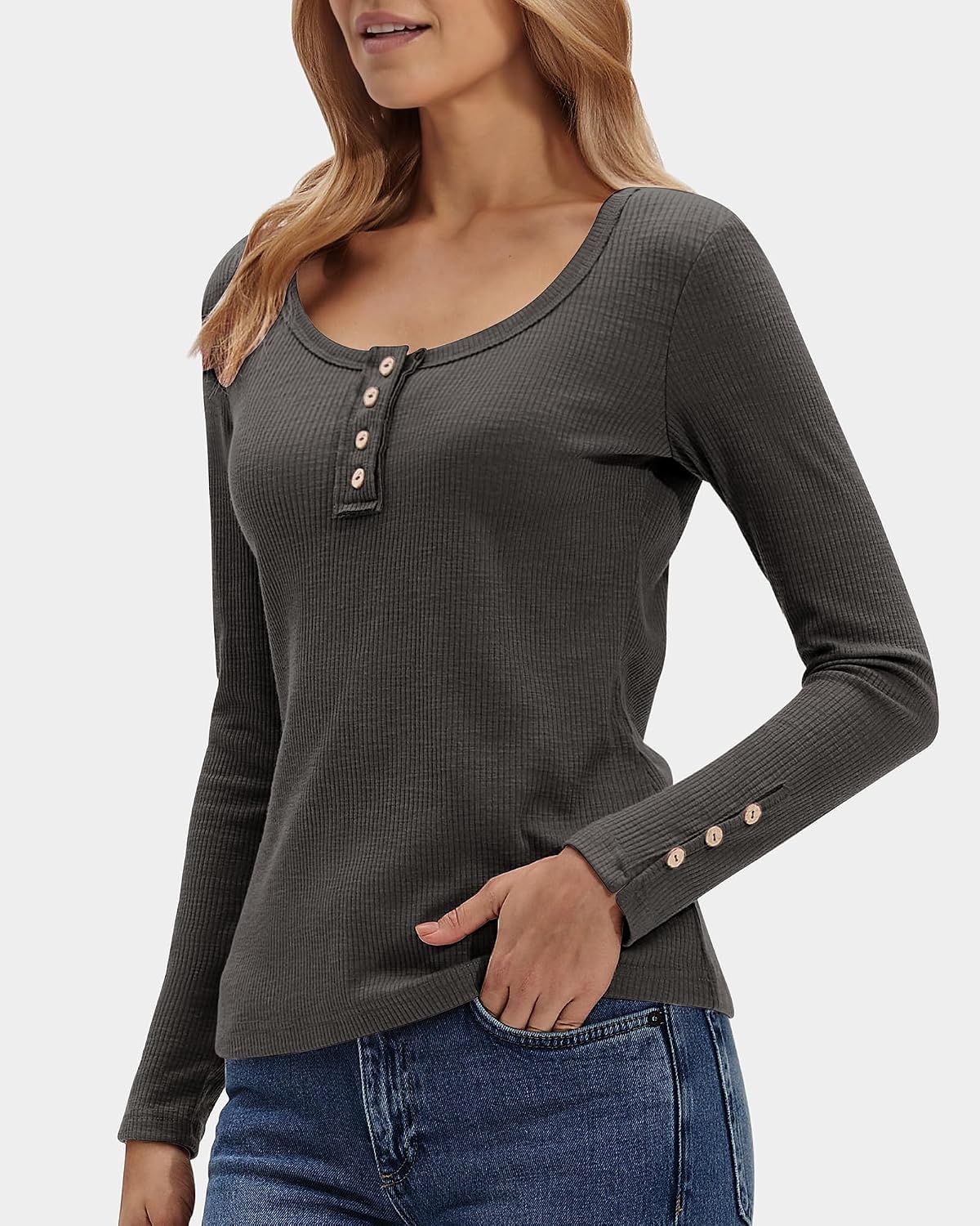 Stelle Women’s Long Sleeve Henley T Shirts Button Ribbed Knit Loose Fit Basic Tops Fall Fashion Outfits(Charcoal)