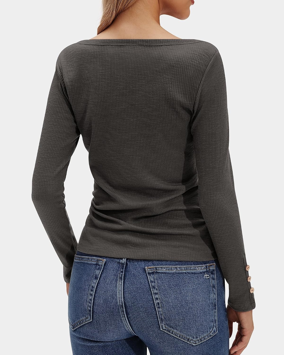 Stelle Women’s Long Sleeve Henley T Shirts Button Ribbed Knit Loose Fit Basic Tops Fall Fashion Outfits(Charcoal)