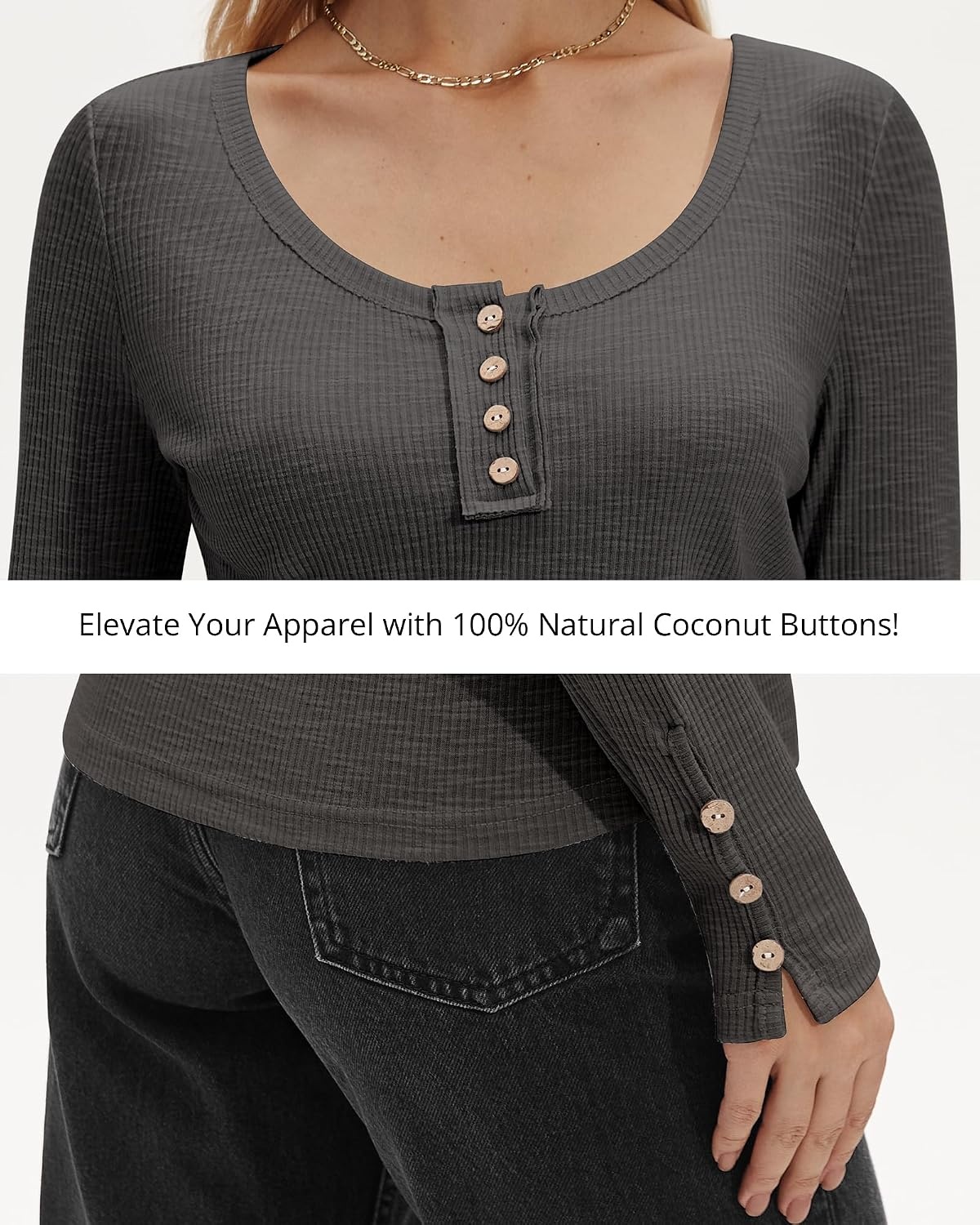 Stelle Women’s Long Sleeve Henley T Shirts Button Ribbed Knit Loose Fit Basic Tops Fall Fashion Outfits(Charcoal)