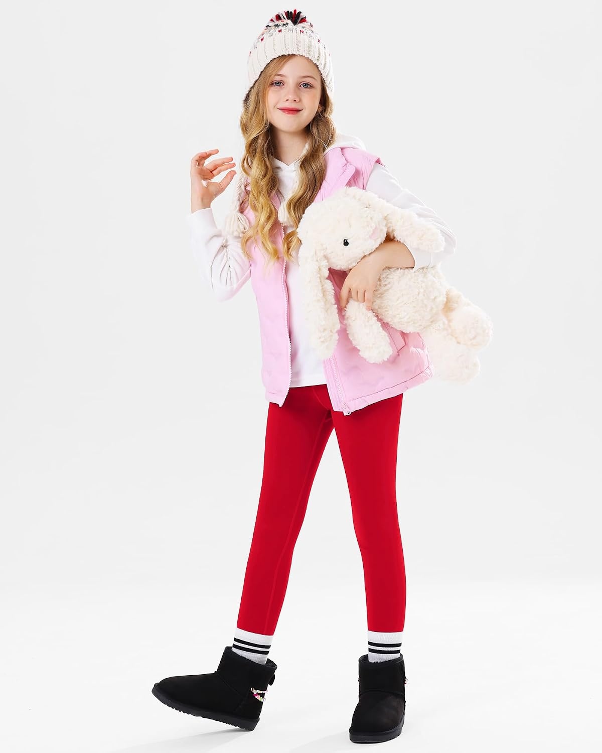 Stelle Girls Fleece Lined Leggings with Hidden Pocket High Waisted Pants(Red)