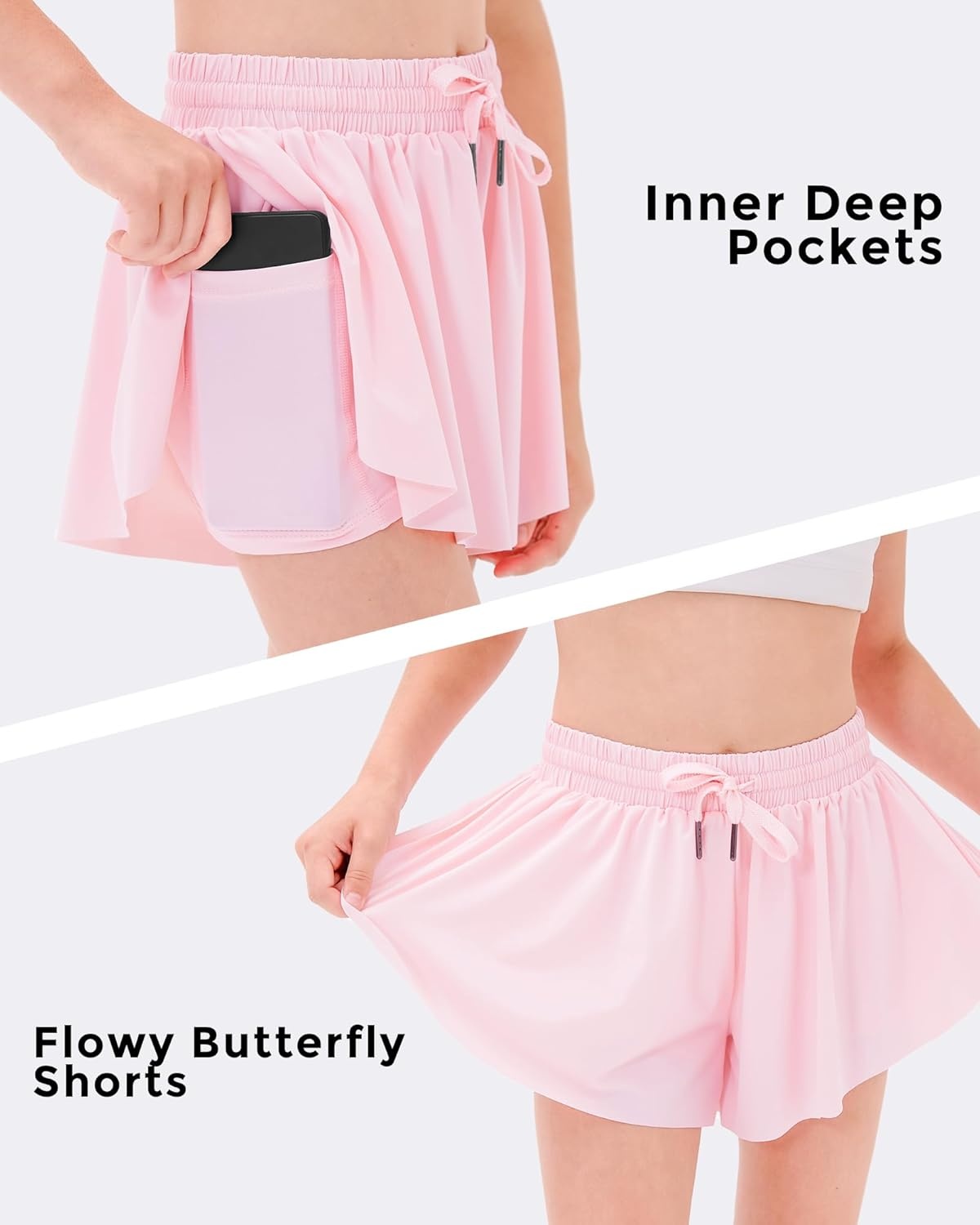 Stelle Girls Flowy Shorts with Pockets Athletic Running Skirt High Waist Butterfly 2 in 1 Sports Short 5-16 Years(Pink)