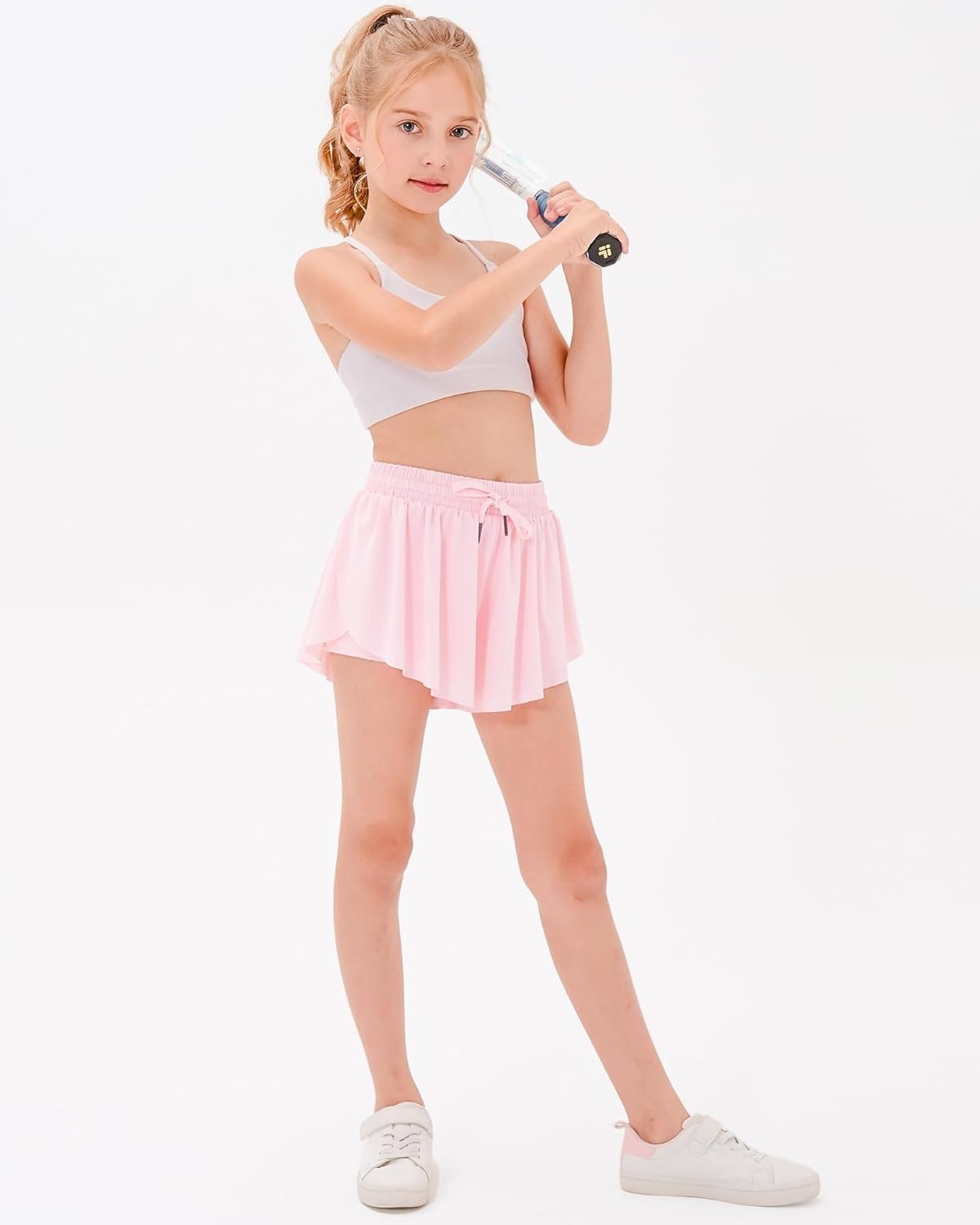 Stelle Girls Flowy Shorts with Pockets Athletic Running Skirt High Waist Butterfly 2 in 1 Sports Short 5-16 Years(Pink)