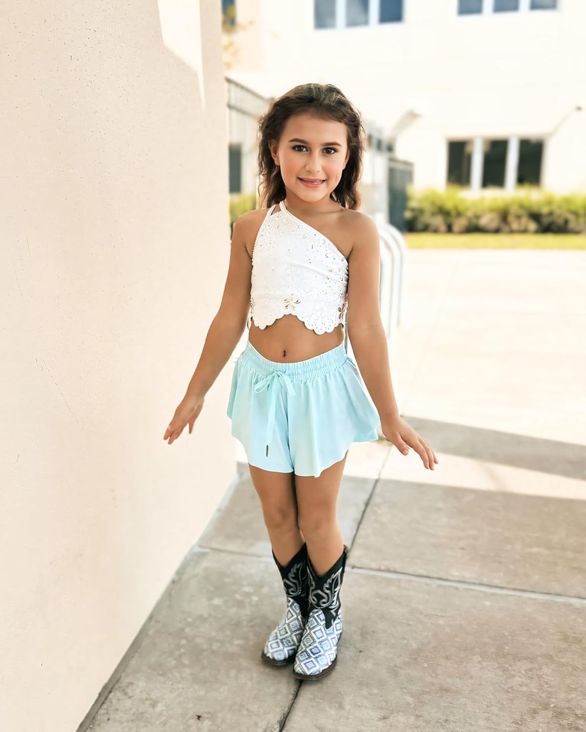 Stelle Girls Flowy Shorts with Pockets Athletic Running Skirt High Waist Butterfly 2 in 1 Sports Short 5-16 Years(White+light Blue+black)