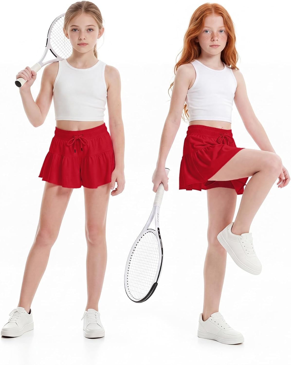 Stelle Girls 2 in 1 Butterfly Shorts Flowy Athletic Shorts with Pocket(Red)
