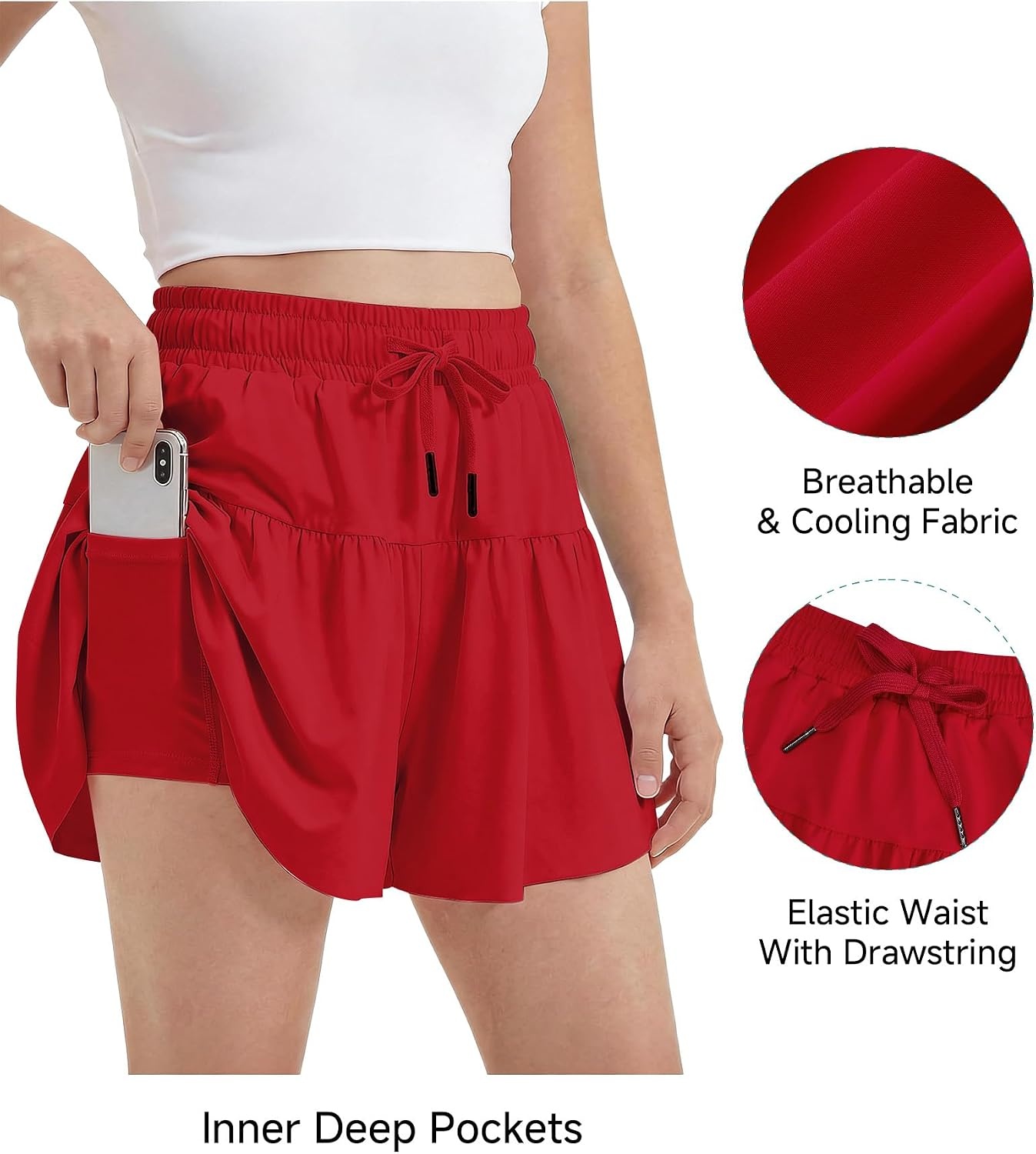 Stelle Girls 2 in 1 Butterfly Shorts Flowy Athletic Shorts with Pocket(Red)