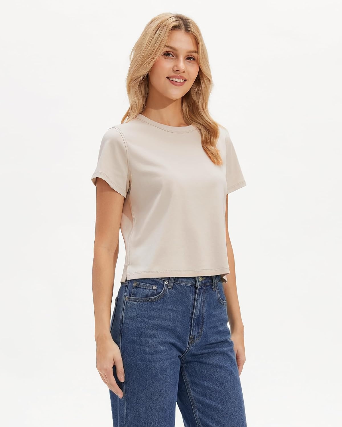 Stelle Women’s Short Sleeve Crewneck T-Shirts Cotton Basic Tees Summer Casual Solid Crop Tops(White Beige)