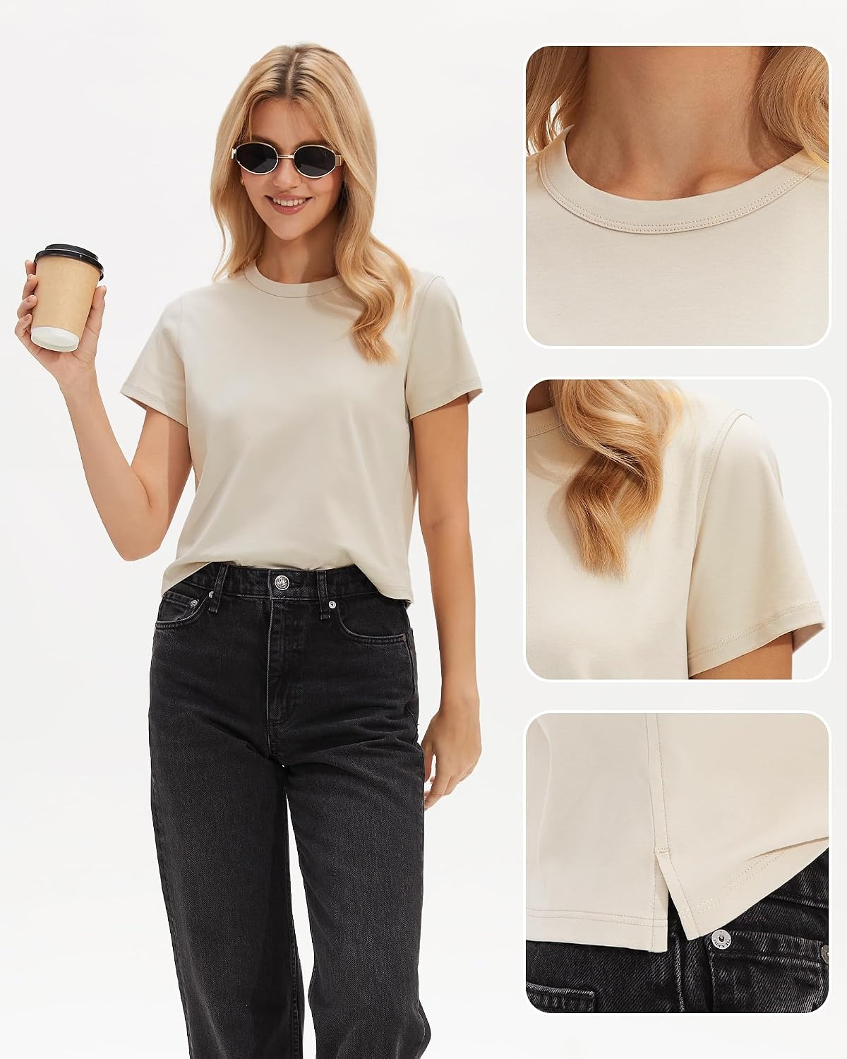 Stelle Women’s Short Sleeve Crewneck T-Shirts Cotton Basic Tees Summer Casual Solid Crop Tops(White Beige)
