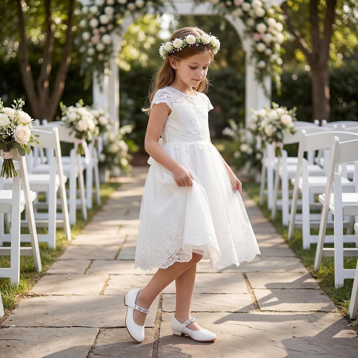 Stelle Girls Dress Shoes with Jeweled Strap for Wedding Flower Girl Party | Sparkling jewel strap, Cushioned comfort, Hook-and-loop closure, School, Dress occasions, Patent finish, Glitter finish(White)