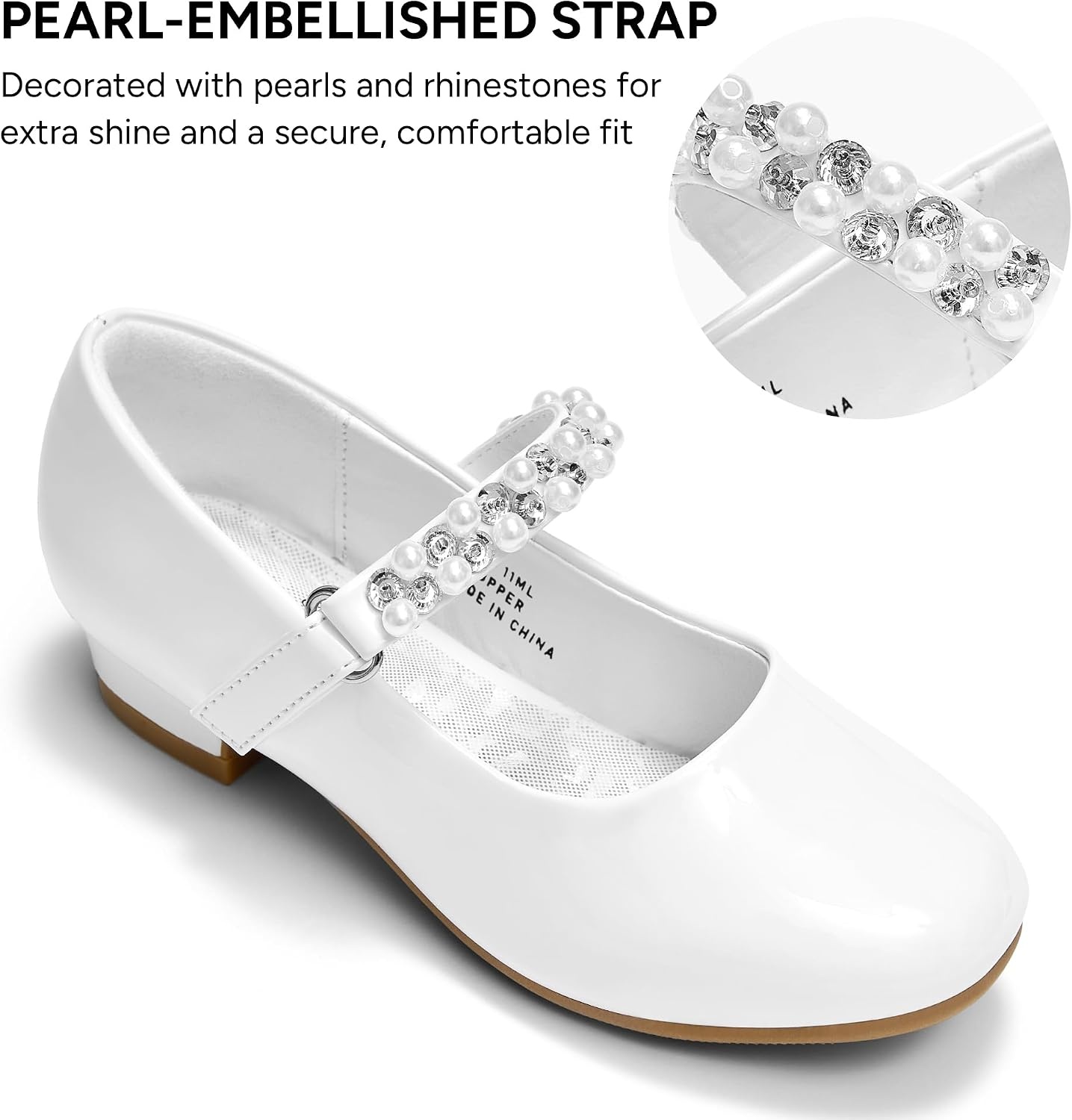 Stelle Girls Dress Shoes with Jeweled Strap for Wedding Flower Girl Party | Sparkling jewel strap, Cushioned comfort, Hook-and-loop closure, School, Dress occasions, Patent finish, Glitter finish(White)