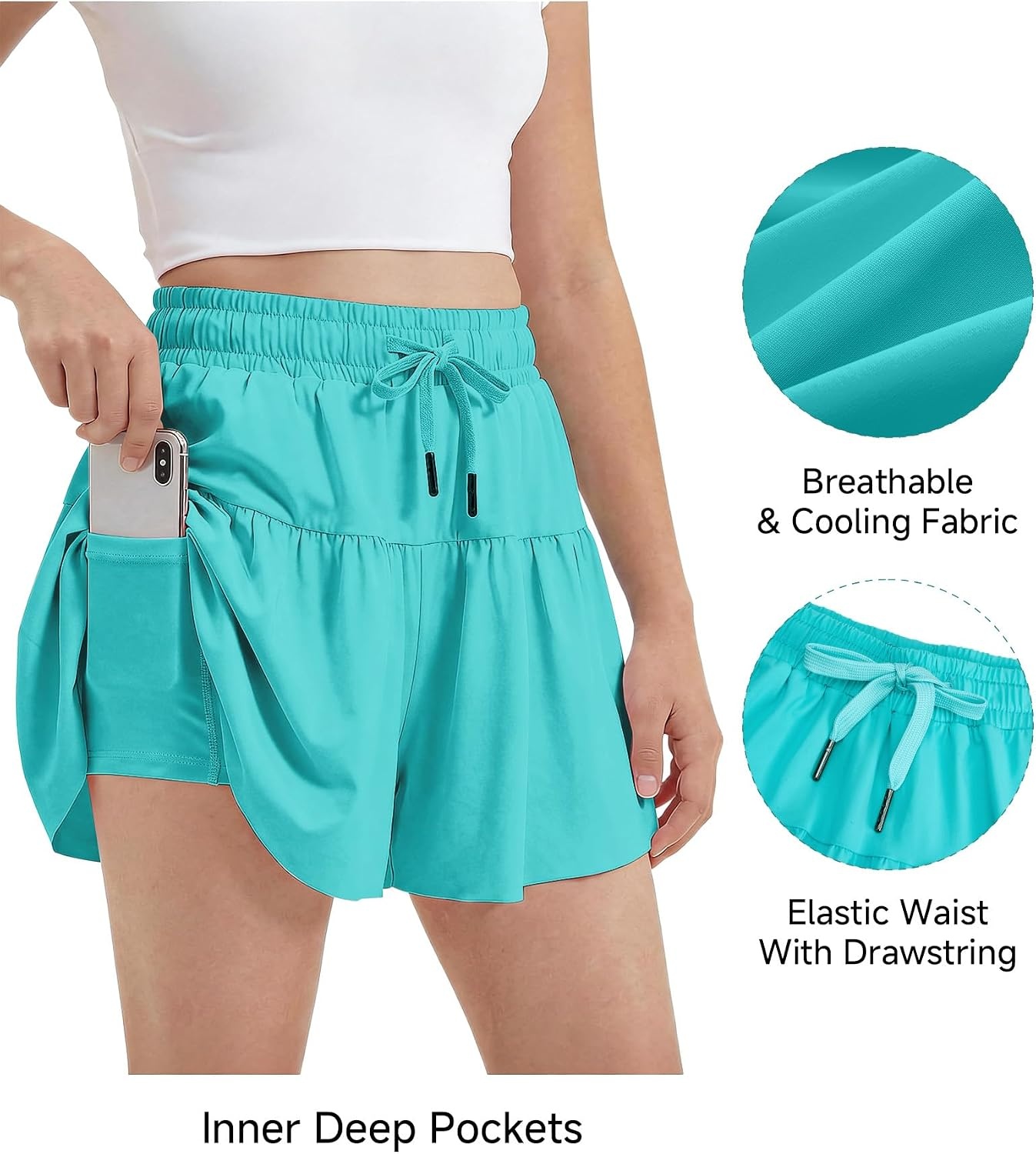 Stelle Girls 2 in 1 Butterfly Shorts Flowy Athletic Shorts with Pocket(Aqua Blue)
