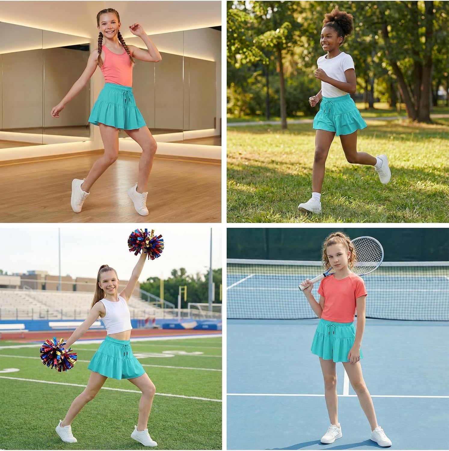Stelle Girls 2 in 1 Butterfly Shorts Flowy Athletic Shorts with Pocket(Aqua Blue)