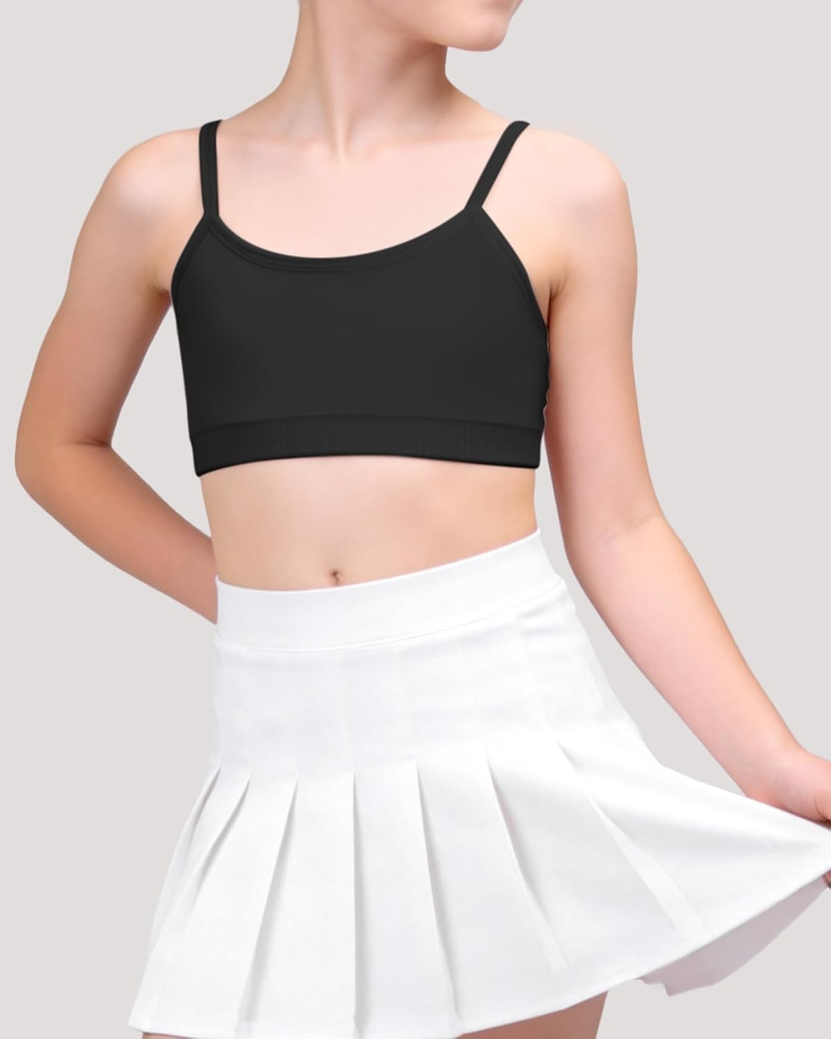 Stelle Girls Padded Training Bras Seamless Spaghetti Strap Bralette Sports Bras for Teens Kids(2 White+black)