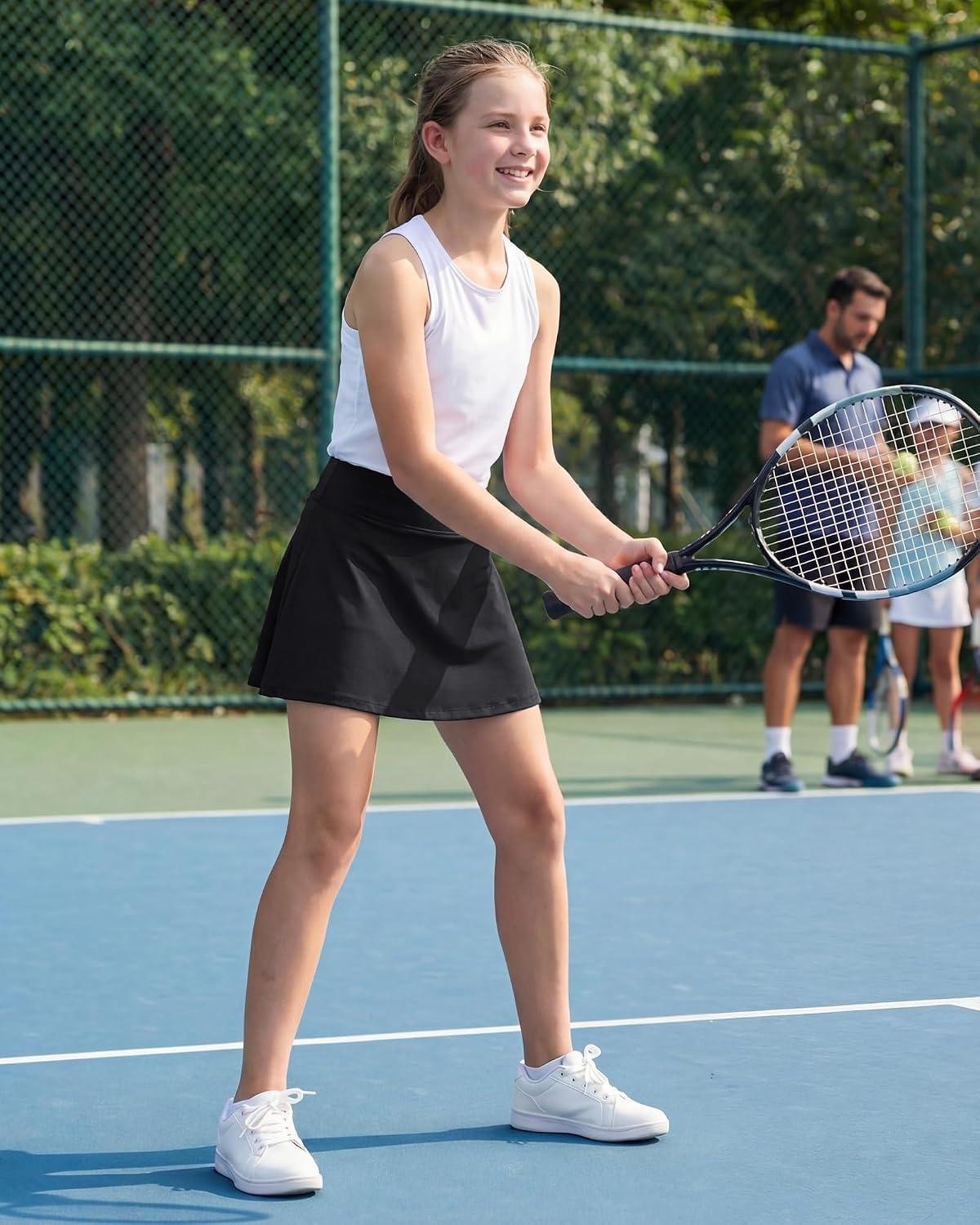 Stelle Girls Tennis Skirts Ruffle Golf Athletic Skorts with Pockets | Stretch Adjustable Waist, Built-In Shorts, Side Pockets, Breathable, Lightweight, School, Practice, Everyday Play(Black)