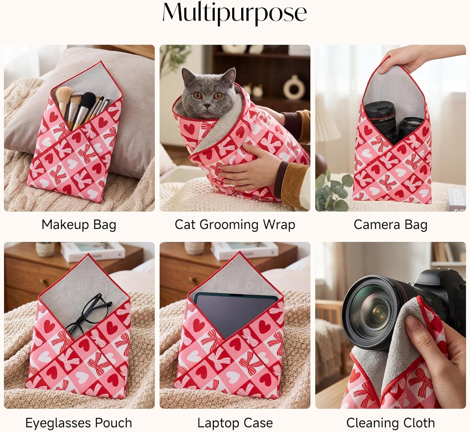 Stelle Self-Adhesive Magic Cloth Lazy Makeup Bag, Foldable Cosmetic Pouch for Camera Wrap Travel Organizer Red Checkered, 19.75″(Sweet Check)