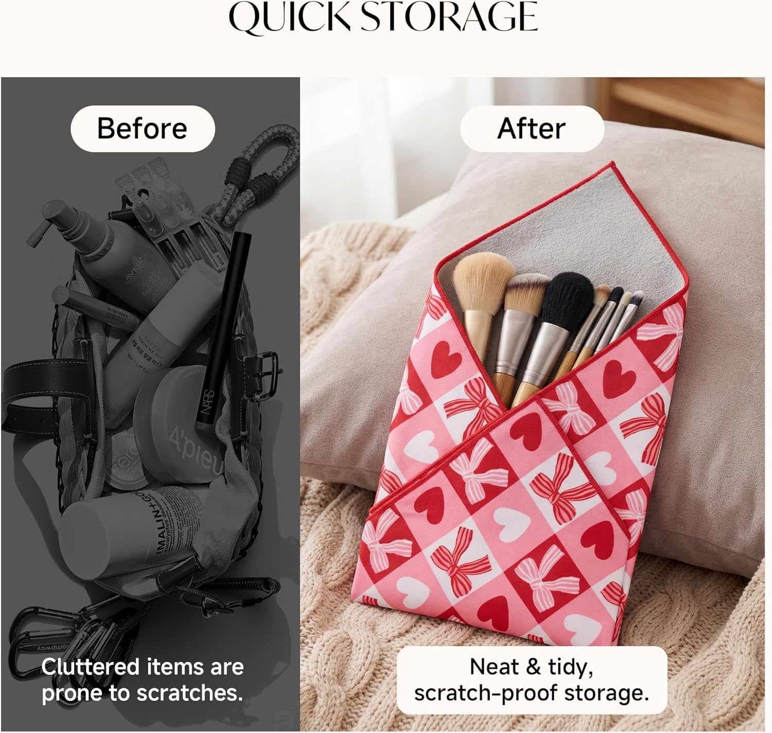 Stelle Self-Adhesive Magic Cloth Lazy Makeup Bag, Foldable Cosmetic Pouch for Camera Wrap Travel Organizer Red Checkered, 19.75″(Sweet Check)