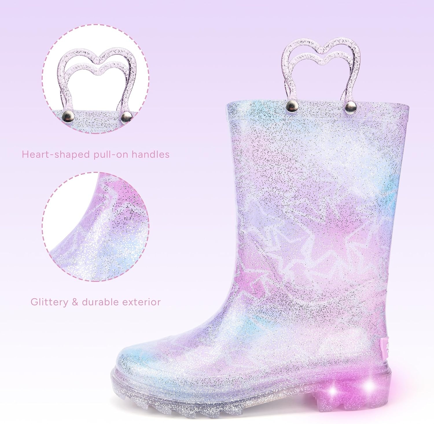 Stelle Girls Light Up Rain Boots for Toddler Kids Glitter Boots(Pink Ombre Glitter)