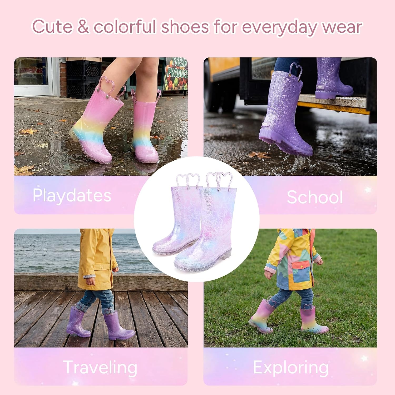 Stelle Girls Light Up Rain Boots for Toddler Kids Glitter Boots(Pink Ombre Glitter)
