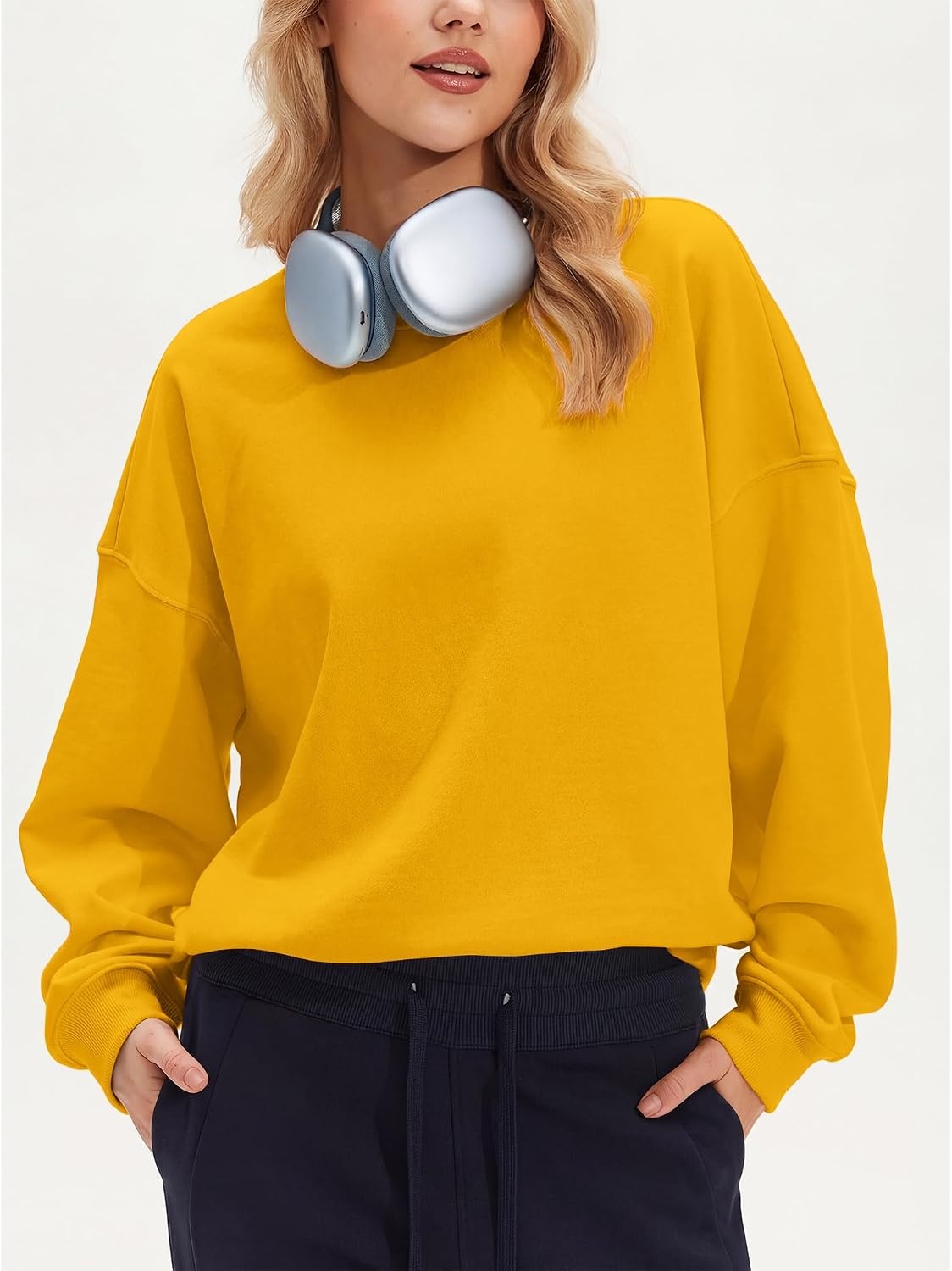 Stelle Women’s 100% Cotton Oversized Sweatshirt Drop Shoulder Crewneck Pullover Long Sleeve Lounge Top(Yolk)