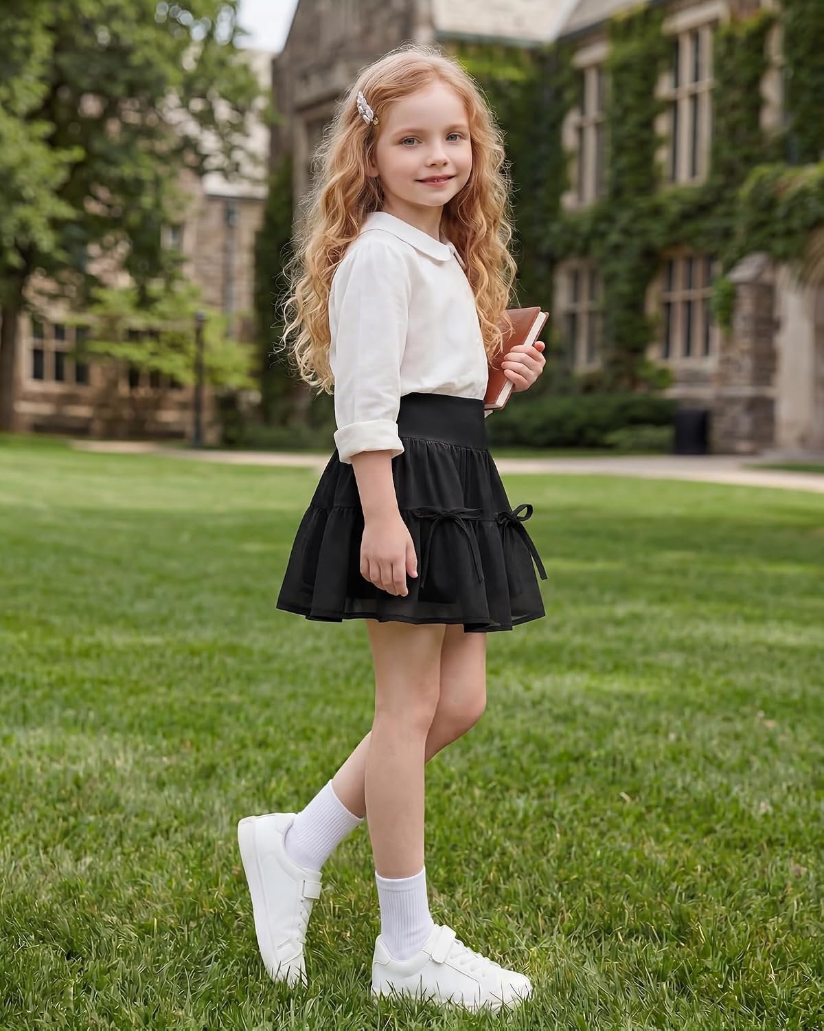 Stelle Girls Tiered Tennis Skirt with Built-in Shorts, Pockets & Bows(Black)