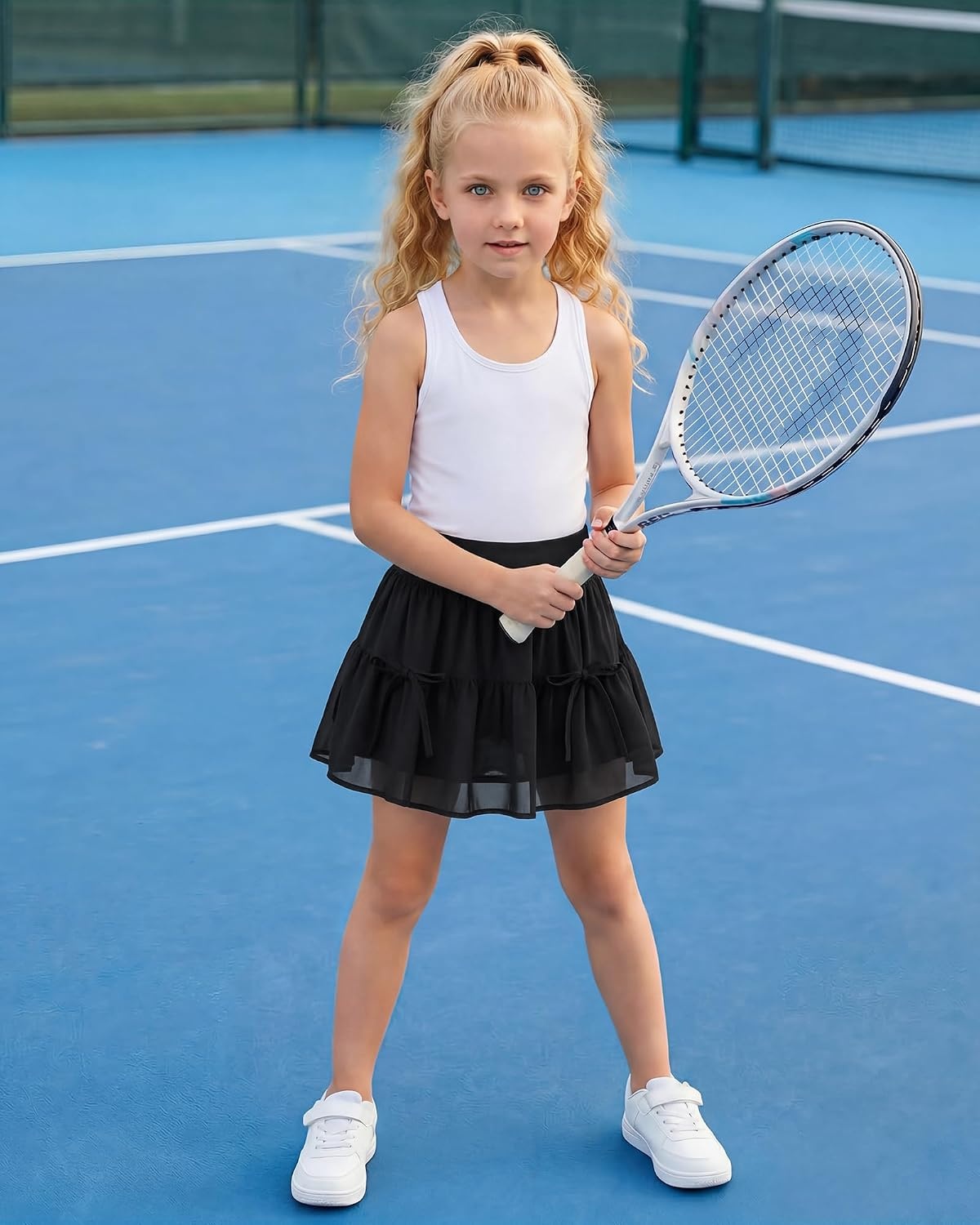 Stelle Girls Tiered Tennis Skirt with Built-in Shorts, Pockets & Bows(Black)