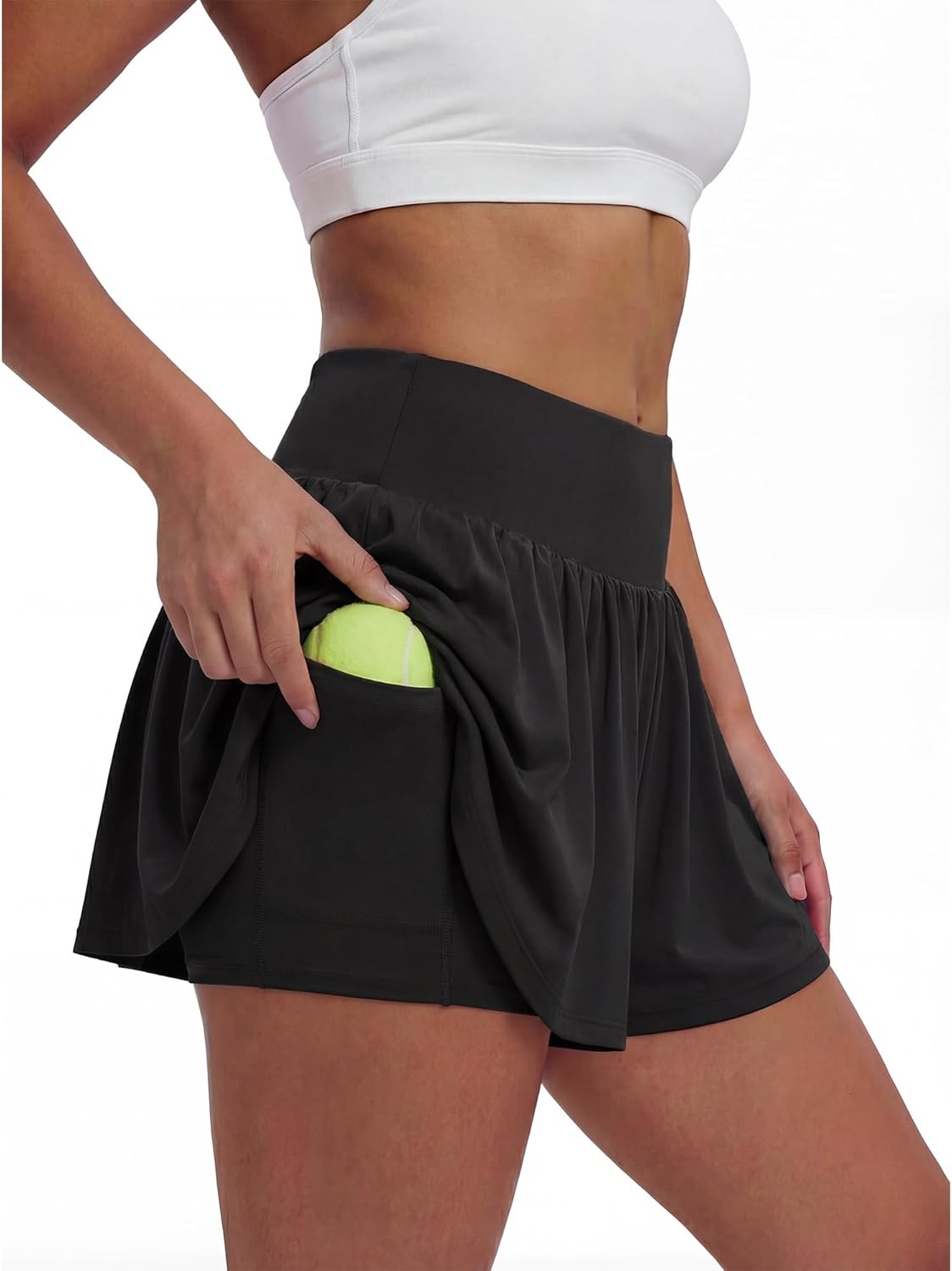 Stelle Women 2 in 1 Running Shorts Flowy Athletic Short High Waisted Workout Tennis Gym Short with Liner Pockets(Black)