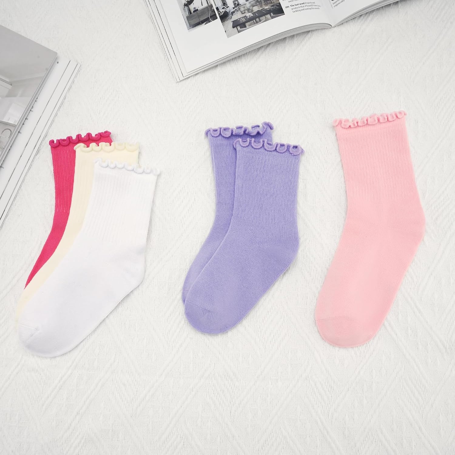 Stelle Girls Ruffle Socks Cotton School Uniform Dress Socks 3/5/6 Pairs Crew Soft Cute Frilly Sock for Kids Toddler(5 Pairs (True White pink creme periwinkle raspberry))