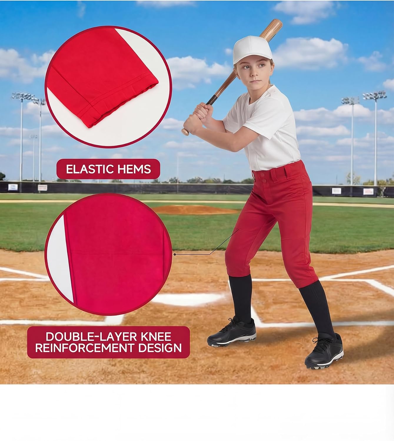 Stelle Girls Softball Pants Kids Knickers Knee-High Pants with Pockets for Youth Tee Ball & Fastpitch Style(Red)