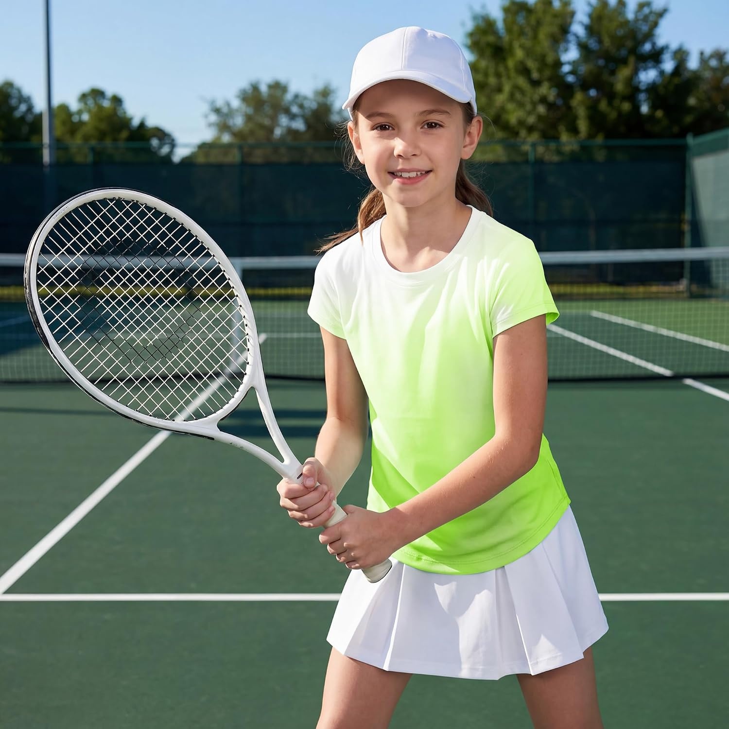 Stelle Girls Athletic Shirts Short Sleeve Running Dry Fit Tops Kids Teens | Ombre, Moisture-wicking, Quick dry, Breathable, Lightweight, Soccer, Training, Sports, Crewneck, Active tshirts, Summer Tee(Neon Yellow)