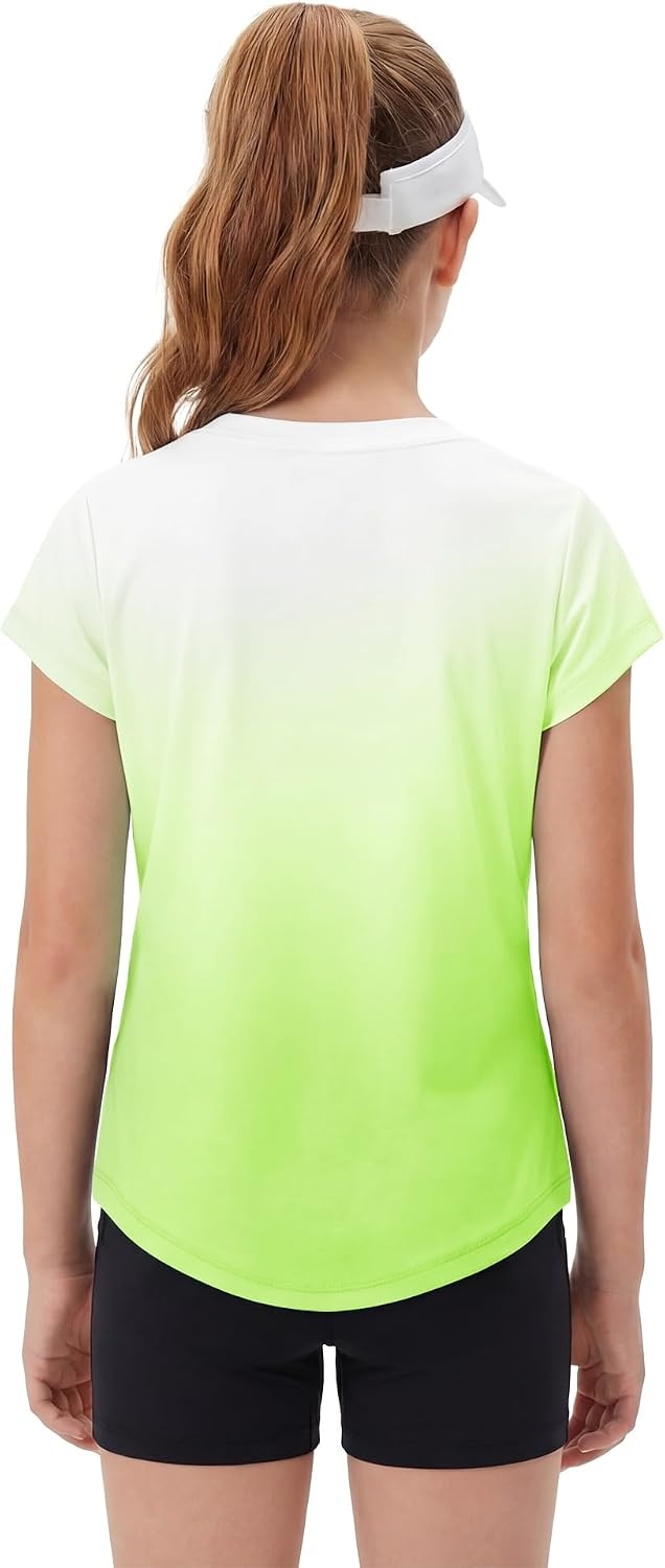 Stelle Girls Athletic Shirts Short Sleeve Running Dry Fit Tops Kids Teens | Ombre, Moisture-wicking, Quick dry, Breathable, Lightweight, Soccer, Training, Sports, Crewneck, Active tshirts, Summer Tee(Neon Yellow)