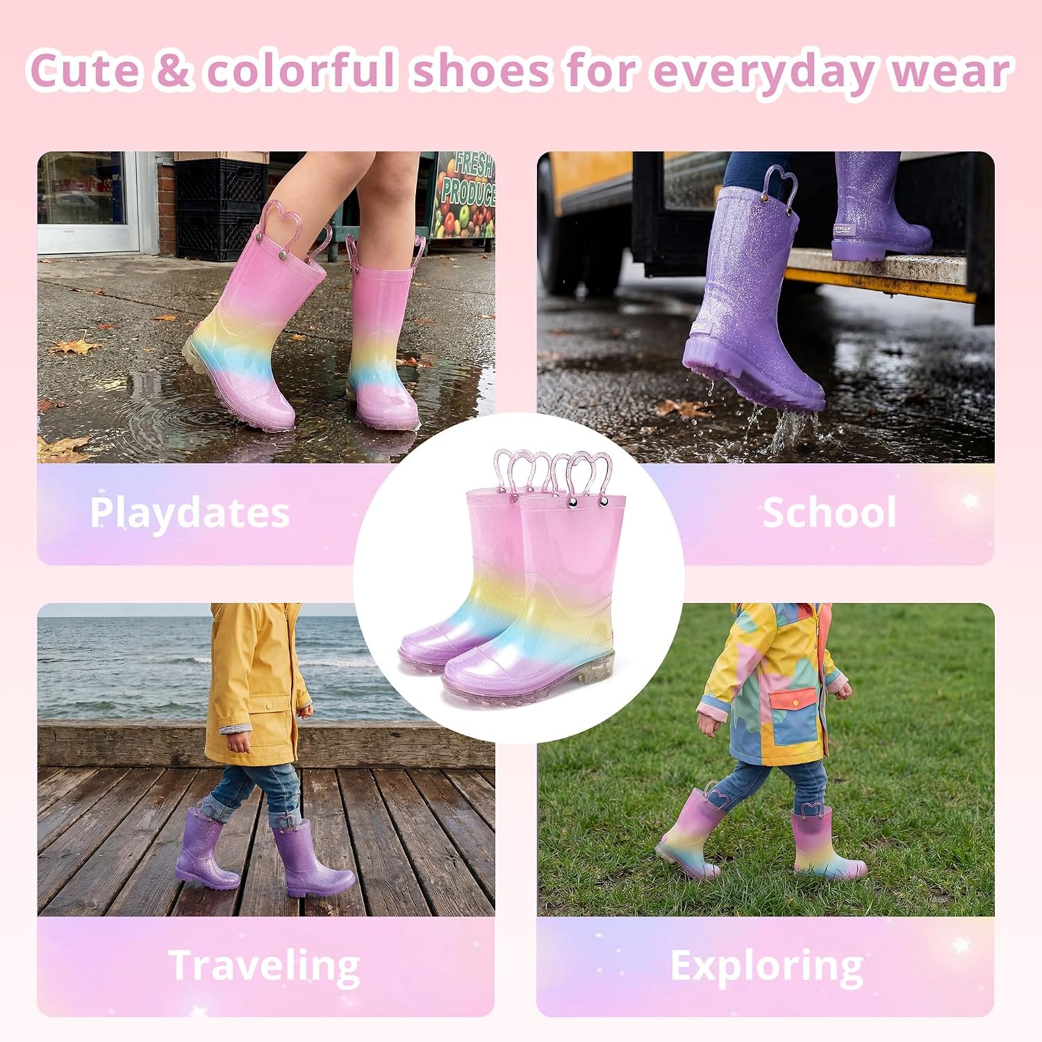 Stelle Girls Light Up Rain Boots for Toddler Kids Glitter Boots(*Rainbow)