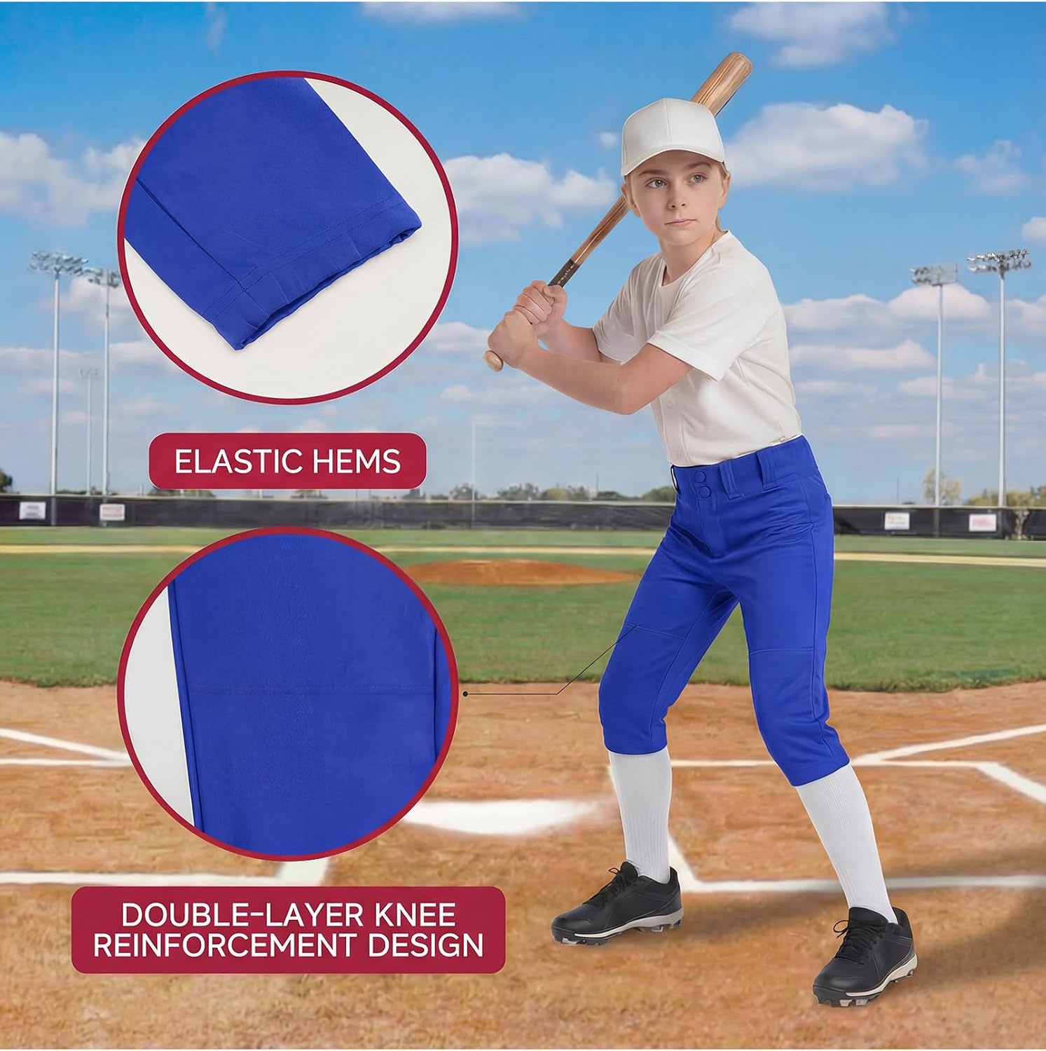 Stelle Girls Softball Pants Kids Knickers Knee-High Pants with Pockets for Youth Tee Ball & Fastpitch Style(Blue)