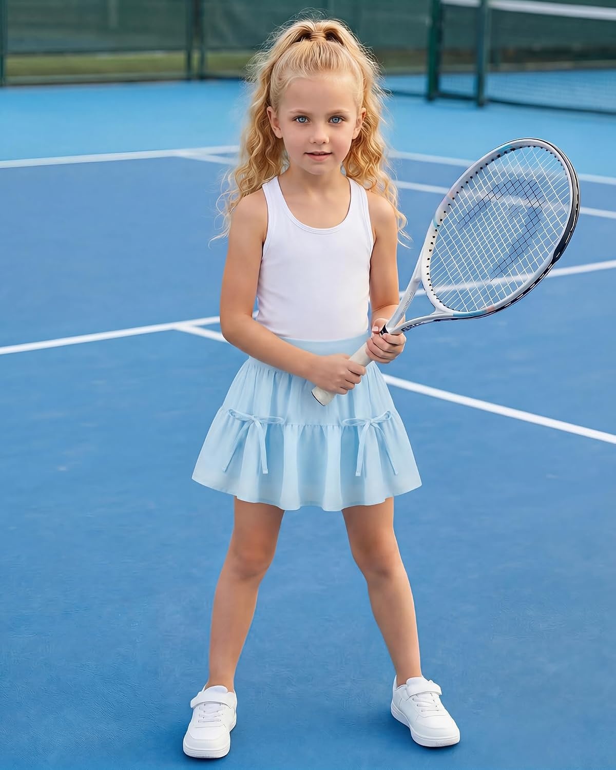 Stelle Girls Tiered Tennis Skirt with Built-in Shorts, Pockets & Bows(Light Blue)