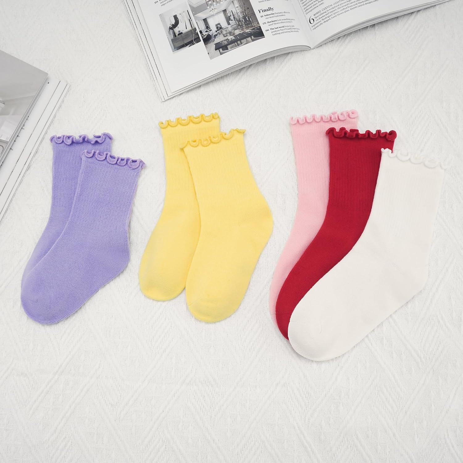 Stelle Girls Ruffle Socks Cotton School Uniform Dress Socks 3/5/6 Pairs Crew Soft Cute Frilly Sock for Kids Toddler(5 Pairs (White pink banana Milk periwinkle red))