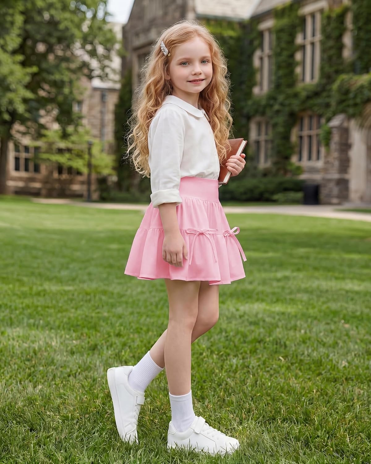 Stelle Girls Tiered Tennis Skirt with Built-in Shorts, Pockets & Bows | Athletic Skirts, Density Chiffon, Bow Detail, Built-In Shorts, High Waisted, Lightweight, Breathable, Running, Cute Style(Ballet Pink)