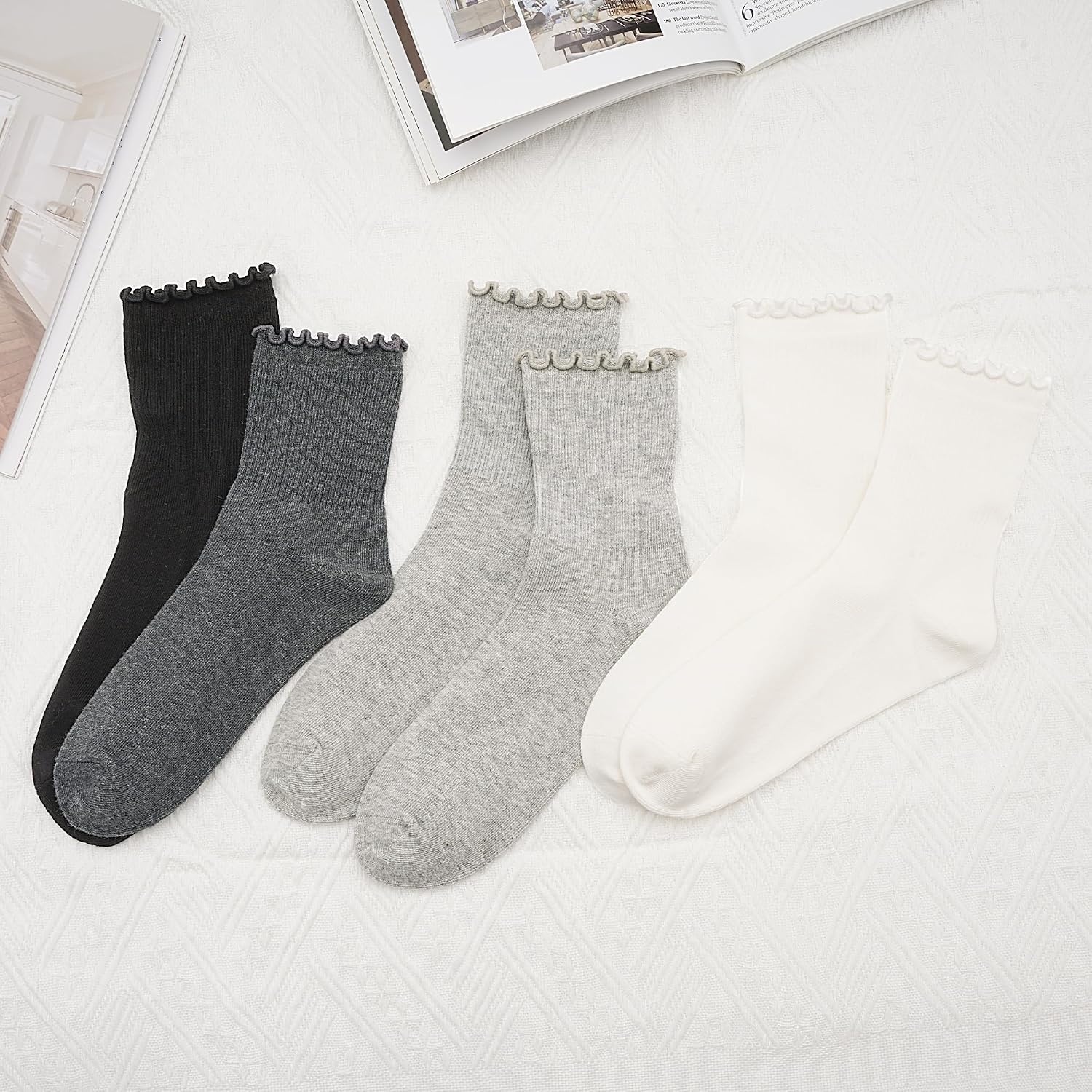 Stelle Girls Ruffle Socks Uniform Dress Ankle Crew Sock 3/5/6 Pairs for Kid | Lettuce Edge Sock, Cotton, Frilly, Breathable Comfort, Sweet Frilly Trim, Soft, Stretchy, School, Toddler, Kid, 3-18 Years(3 Pairs-black)